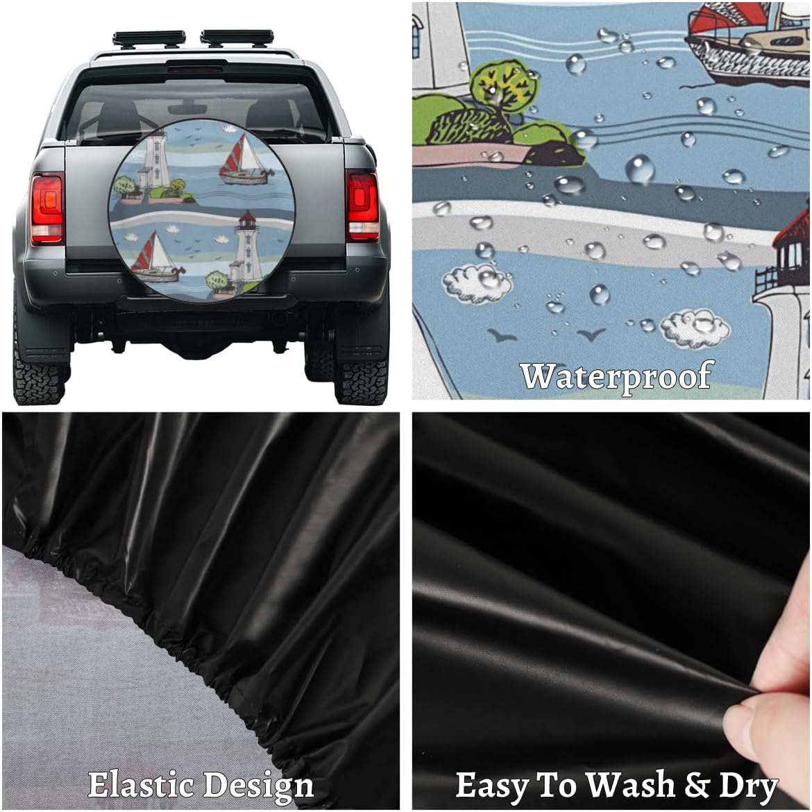 Funny Cartoon Boat Tire Covers Portable Spare Tire Cover Soft Durable Waterproof Dustproof Set of 4 Bags 16 Inches for Car Truck SUV Trailer Camper