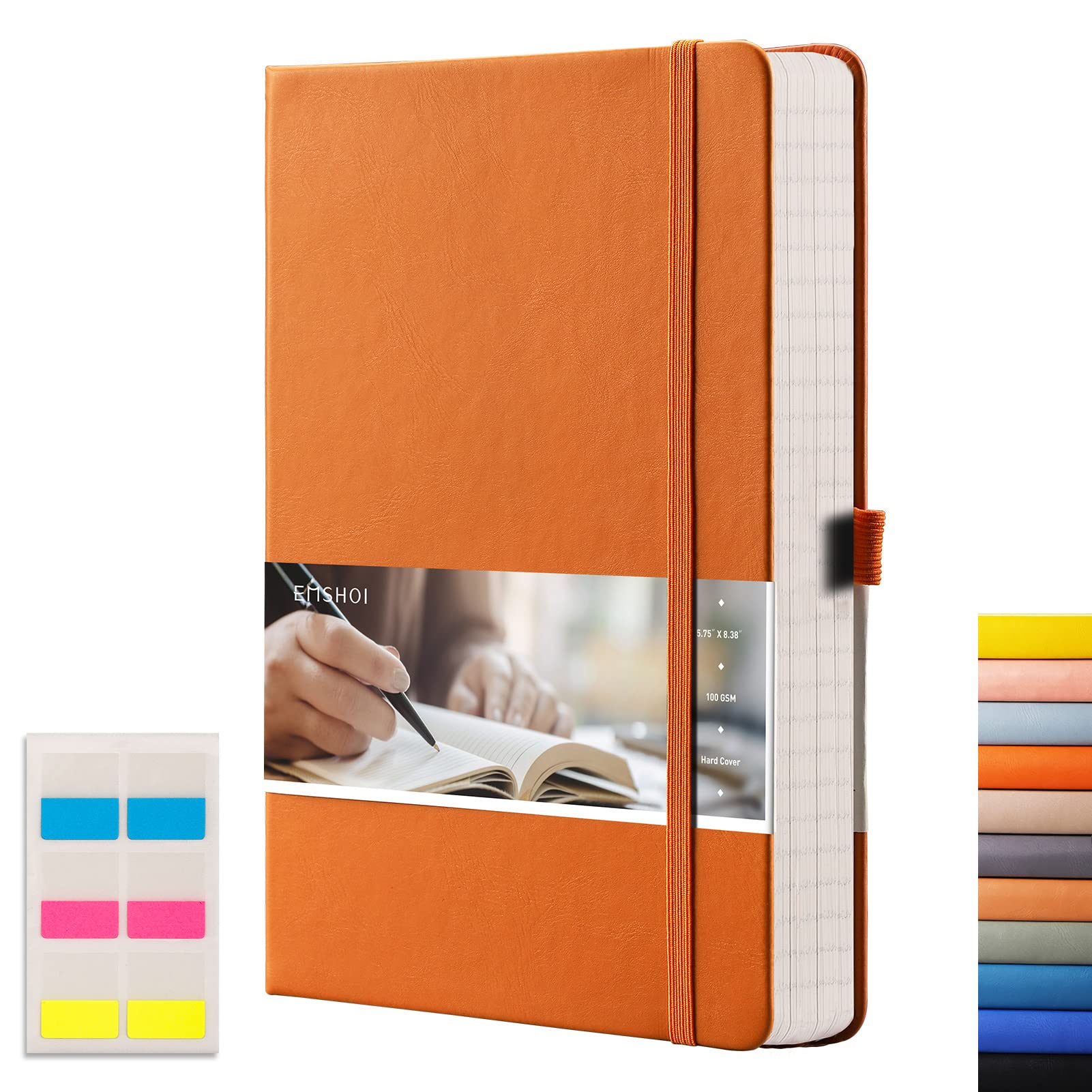 EMSHOI Lined Journal Notebook - 120gsm Thick Leather Journal with Sticky Notes, 256 Numbered Pages A5 Hardcover College Ruled Notebook for Women Men Work School Writing, Medium 5.75" x 8.38"-Orange