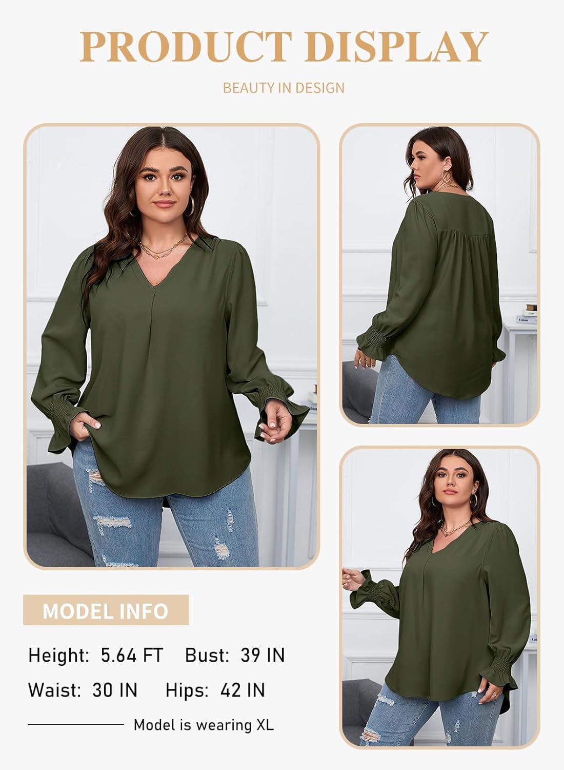 Eytino Plus Size Tops for Women Sexy V Neck Smocked Long Sleeve Blouse Loose Casual Work Shirts(1X-5X) - Image 4
