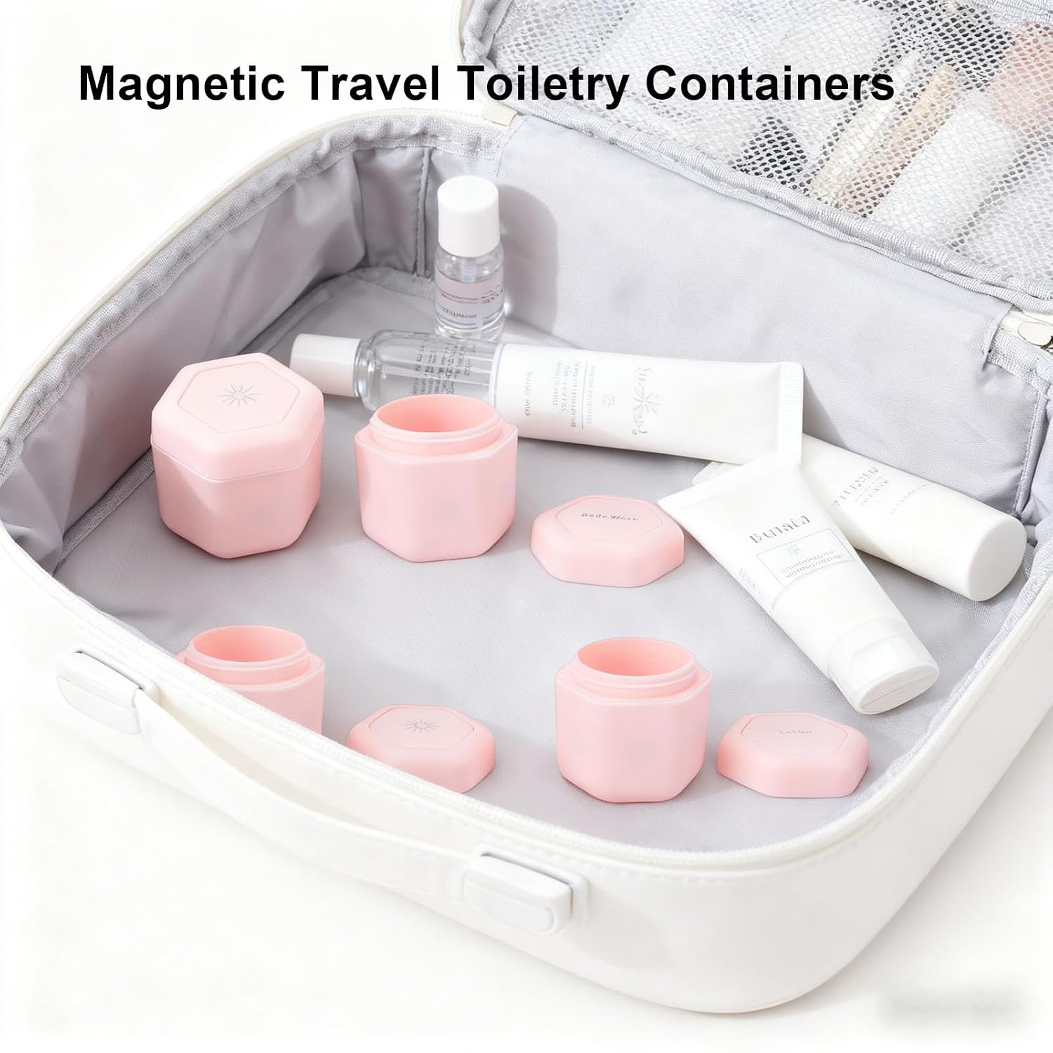 fosa 3 Pcs Magnetic Travel Capsules, Hexagonal Toiletry Containers with Screw Top Lids, 40ml Capacity for Lotion Shampoo Conditioner (Pink)