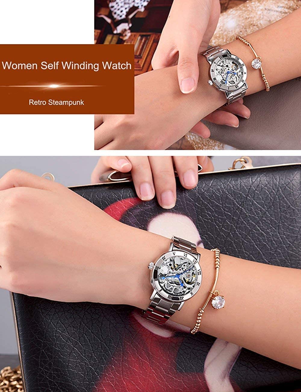 MASTOP - Reloj de Pulsera para Mujer, Estilo Steampunk, automático, mecánico, de Plata, con diseño de Esqueleto