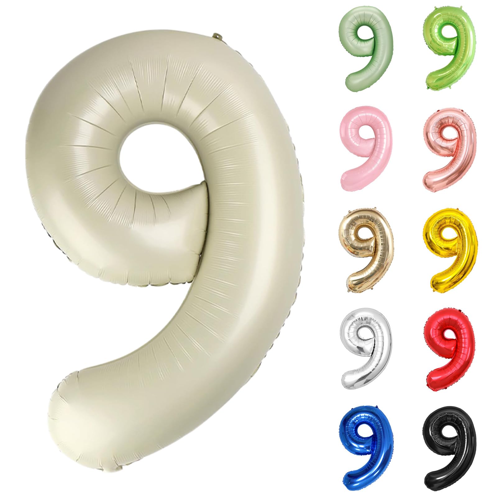 Number Balloons 40 Inch, Sand White 9 Number Balloons, Cream White 9 Year Old Birthday Decorations Supplies, XXL Large Mylar Helium Balloon, Suitable for a 9st Birthday Foil Numberballoons
