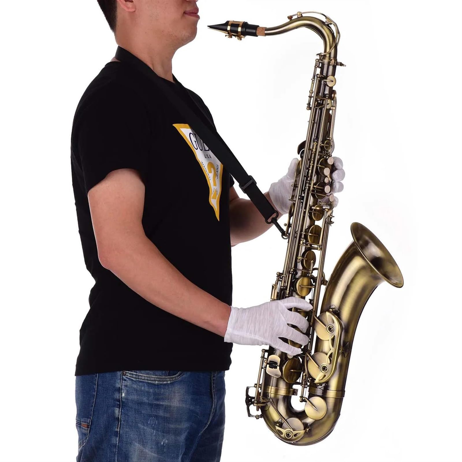 Saksofon Antyczne Wykończenie Bb Saksofon Tenorowy Saksofon Mosiężny Korpus Biały Instrument Dęty Drewniany Z Futerałem Do Przenoszenia Rękawiczki Saksofonowe Paski Na Szyję