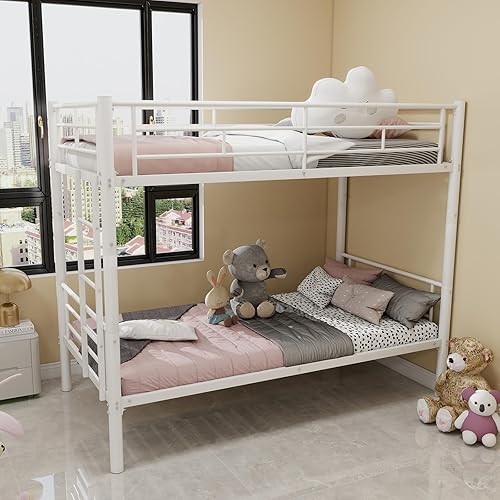 Miniatura 15 de GNIXUU Literas de tamaño individual sobre matrimonial, marco de literas bajas de metal resistente con barandilla de seguridad y escalera para