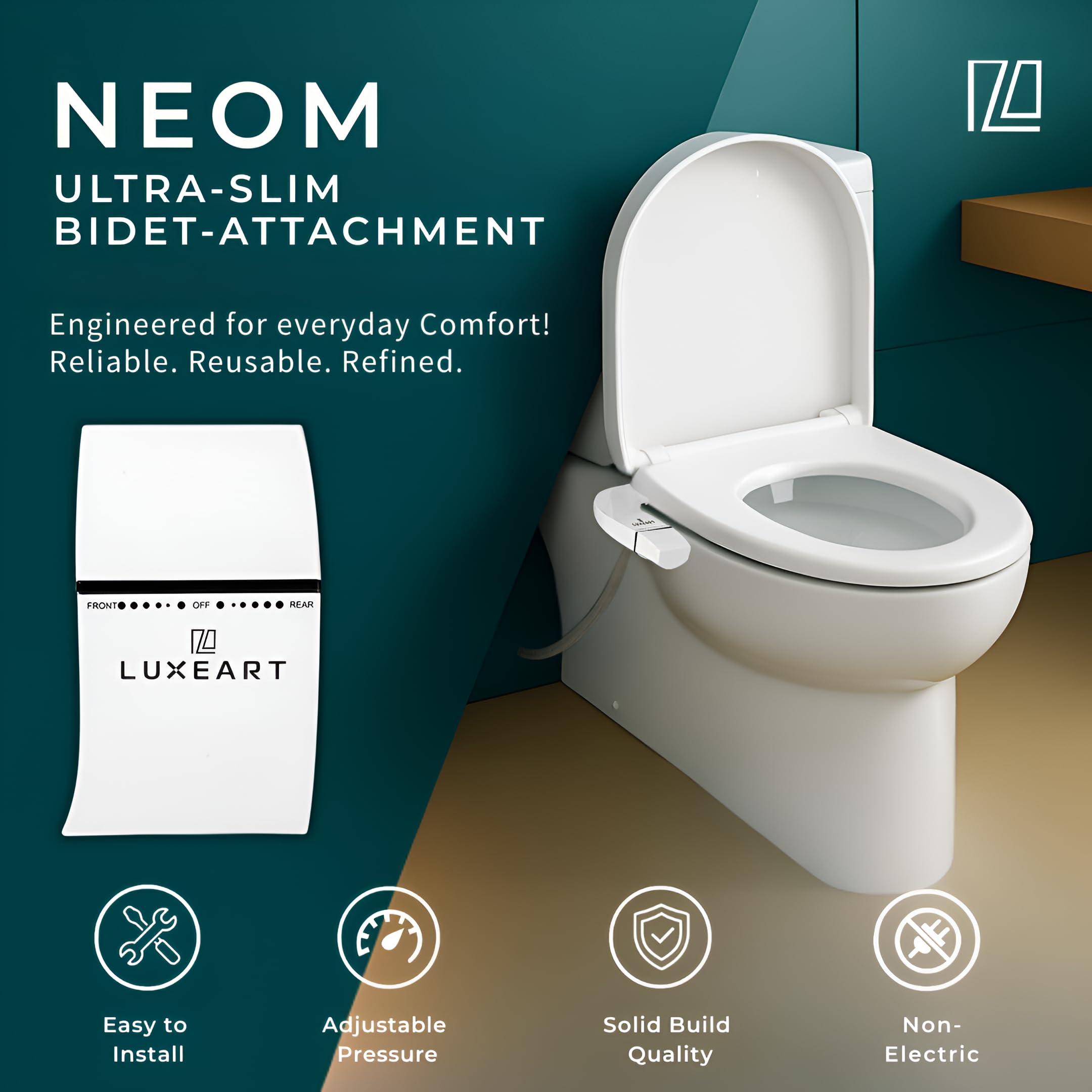NEOM – nakładka bidetowa do toalety bez prądu – z samoczynnym czyszczeniem z przodu i z tyłu, regulowanym ciśnieniem wody i ultracienkim – wąż elastyczny 120 cm i możliwość doposażenia jako