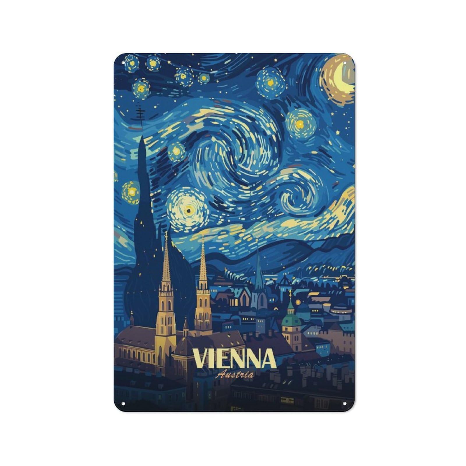 Junmoney Style-9 Rustic Metal Sign With Vienna Austria Starry Night Art Design 30X20cm, Country Vintage Cottage Wall Art For Kitchen, Cottage, Porch Or Garden Room
