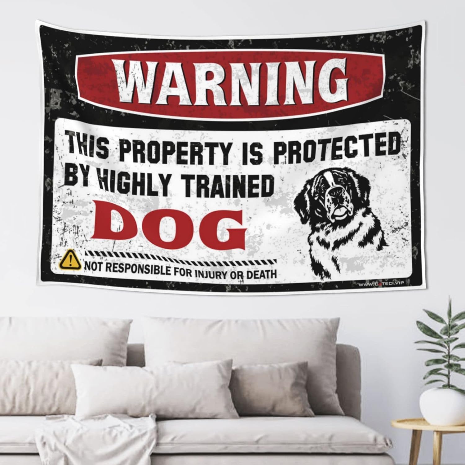 GVNVYFWUY Funny Home Decor Warning This Property Is Protected By A Highly Trained Dog Tapestry Dorm Wall Decorations Things For Boys Room(75X100CM)