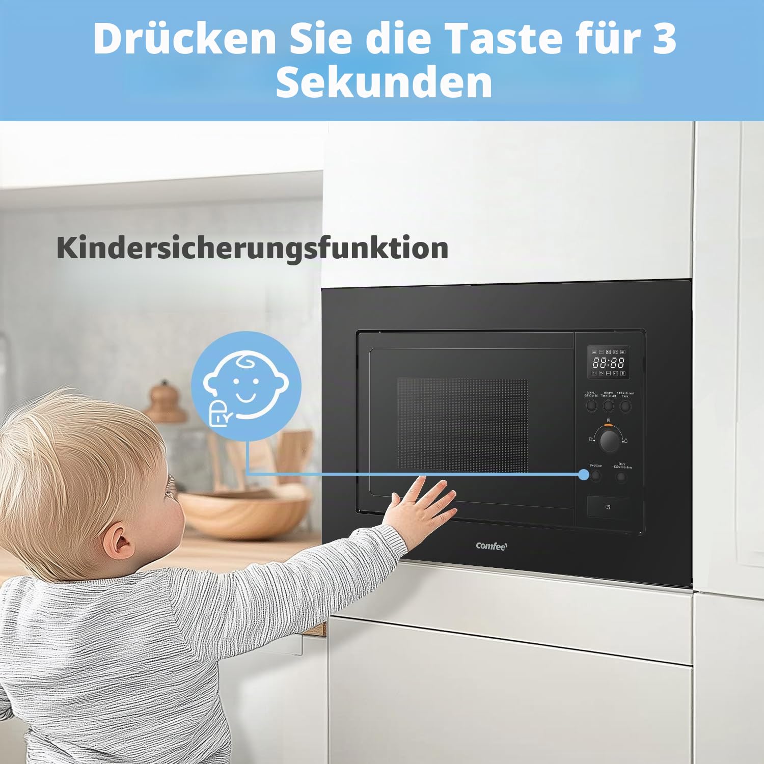 COMFEE' Digitaler Einbau-Mikrowelle, 20 Liter, 800 W, Grill, 5 Leistungsstufen, 8 automatische Menüs, Schnellentfrost-Funktion, Schwarz - CBMAG820BJL-BK