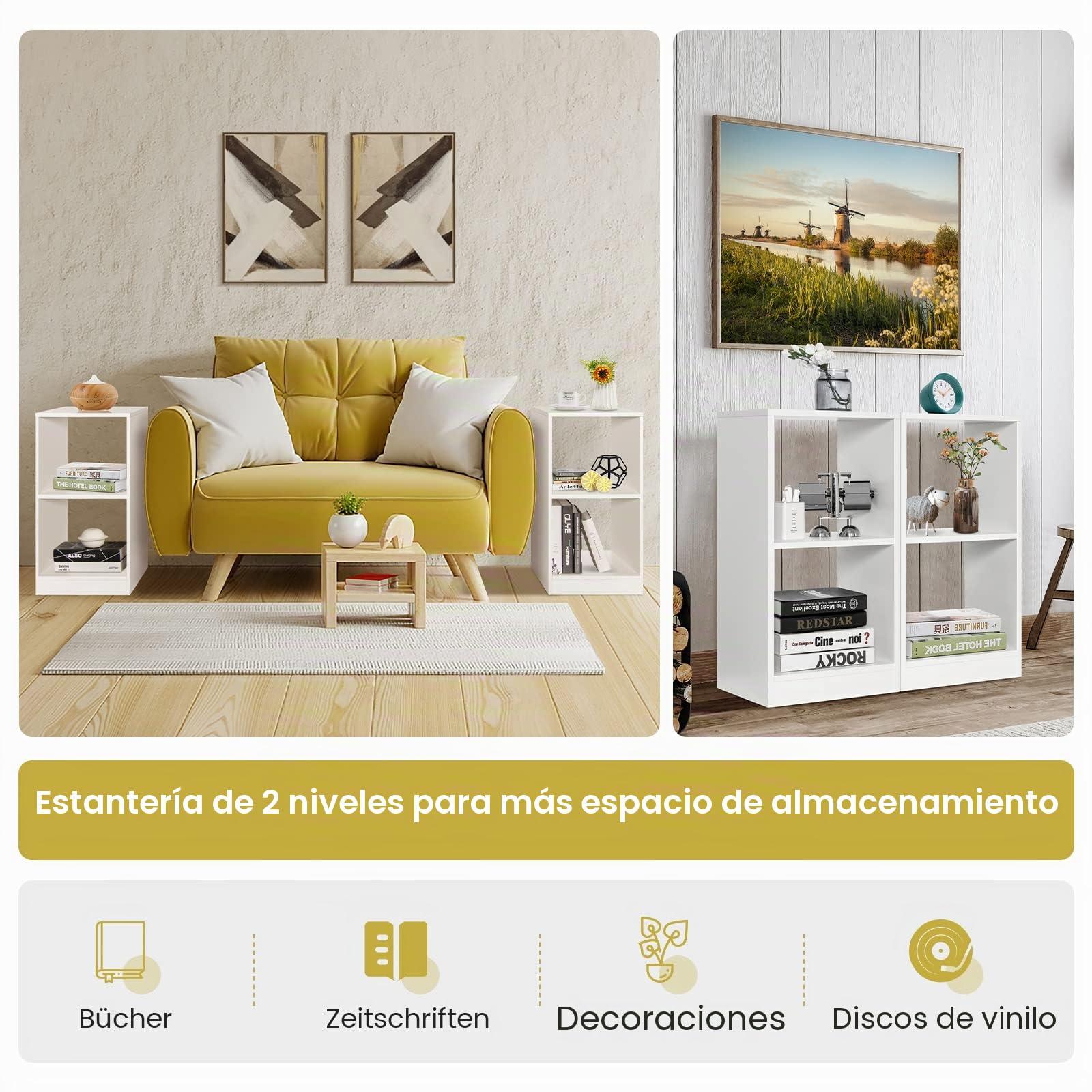 GOPLUS Juego de 2 estanterías de Madera de 2 Pisos con Base antiinclinación, Armario de Suelo Abierto para Espacios pequeños, estantes de Cubos para Discos de Vinilo CD,Blanco