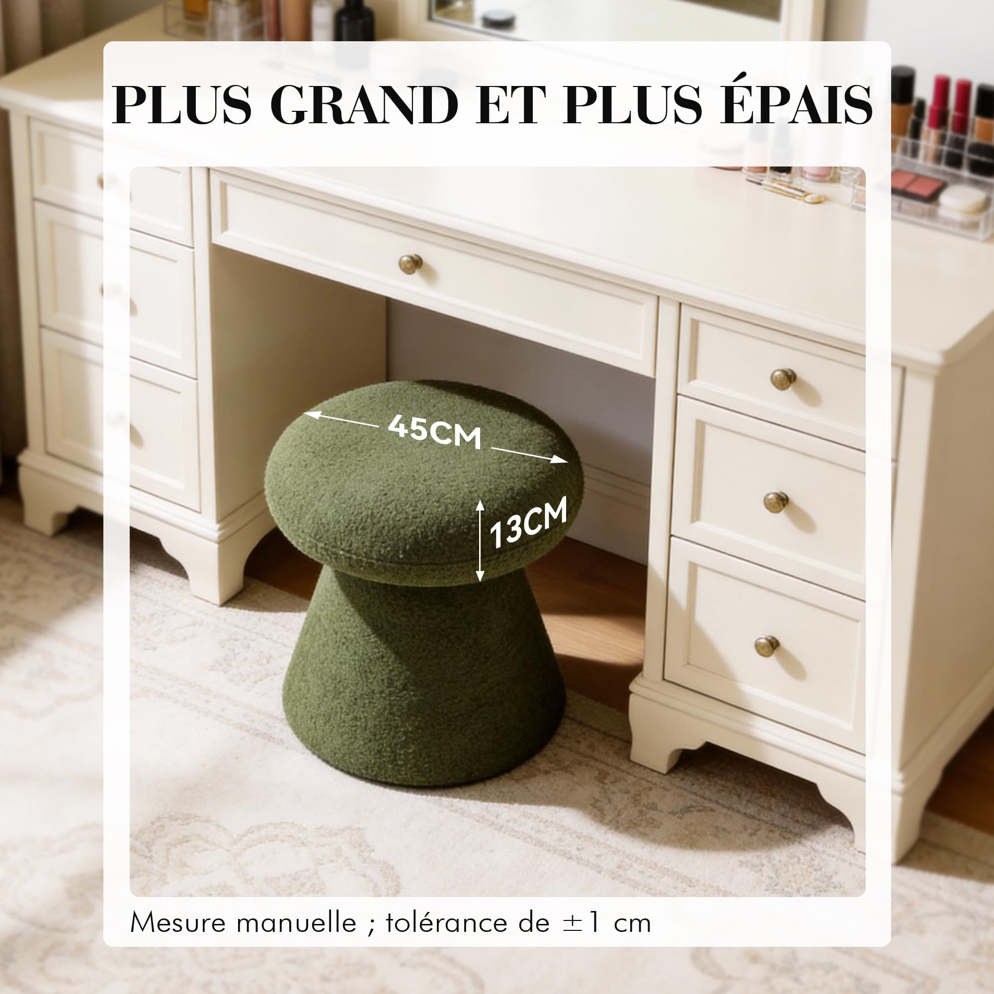 DEKKETO Tabouret de Coiffeuse Pivotant 360°, Pouf Rond Repose-Pieds Salon, Chaise Maquillage Moderne en Tissu Bouclette, Siège Rembourré Confortable pour Chambre, Dressing, Entrée, Vert