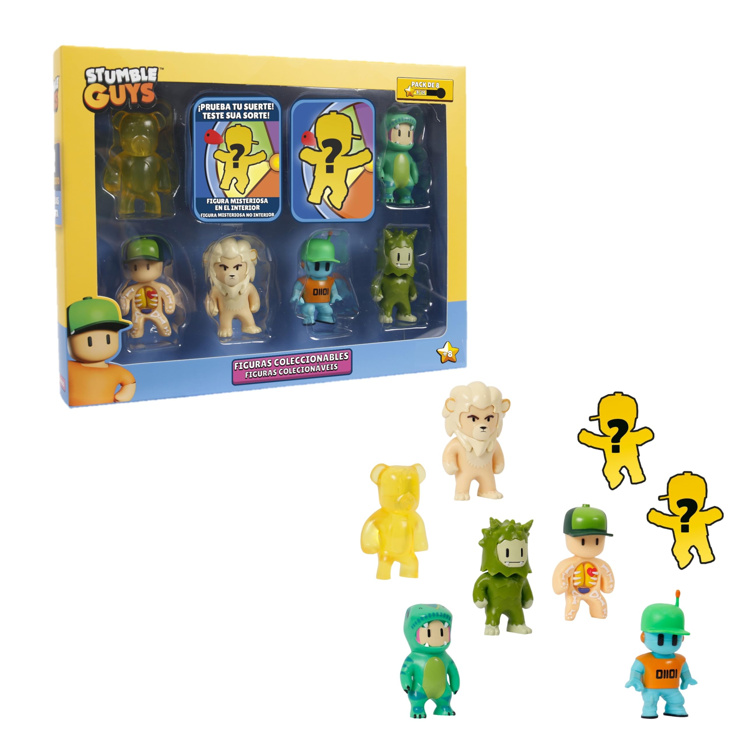 Bizak Stumble Guys 64112072-6 Lot de 8 figurines d'action T-Rex Guy + Robot Guy, personnages à collectionner, licence officielle du jeu vidéo de démolitions, fans et garçons ou filles de plus de 8 ans