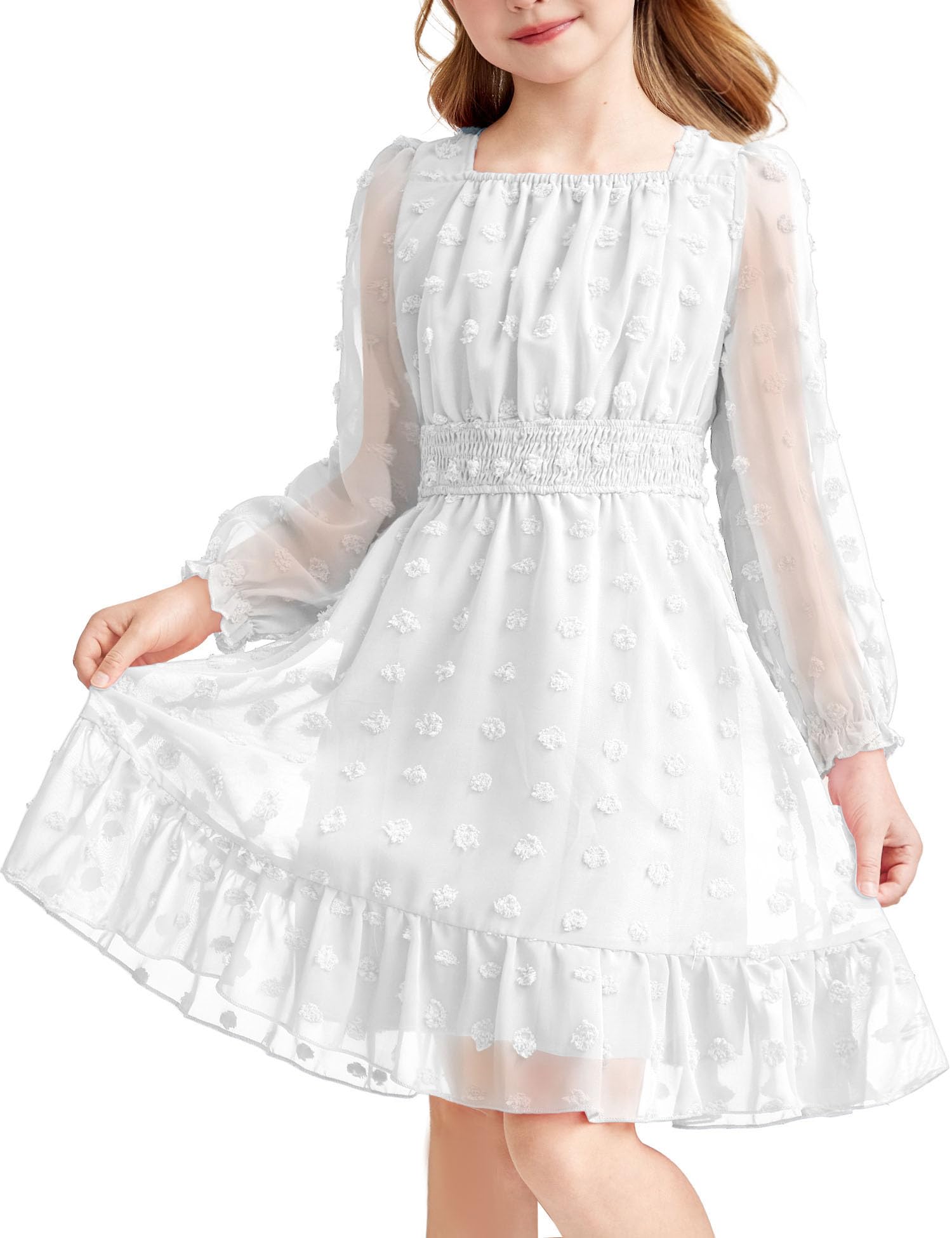 Girls Dresses Long Sleeve Square Neck Swiss Dot Flowy Casual Party Dress