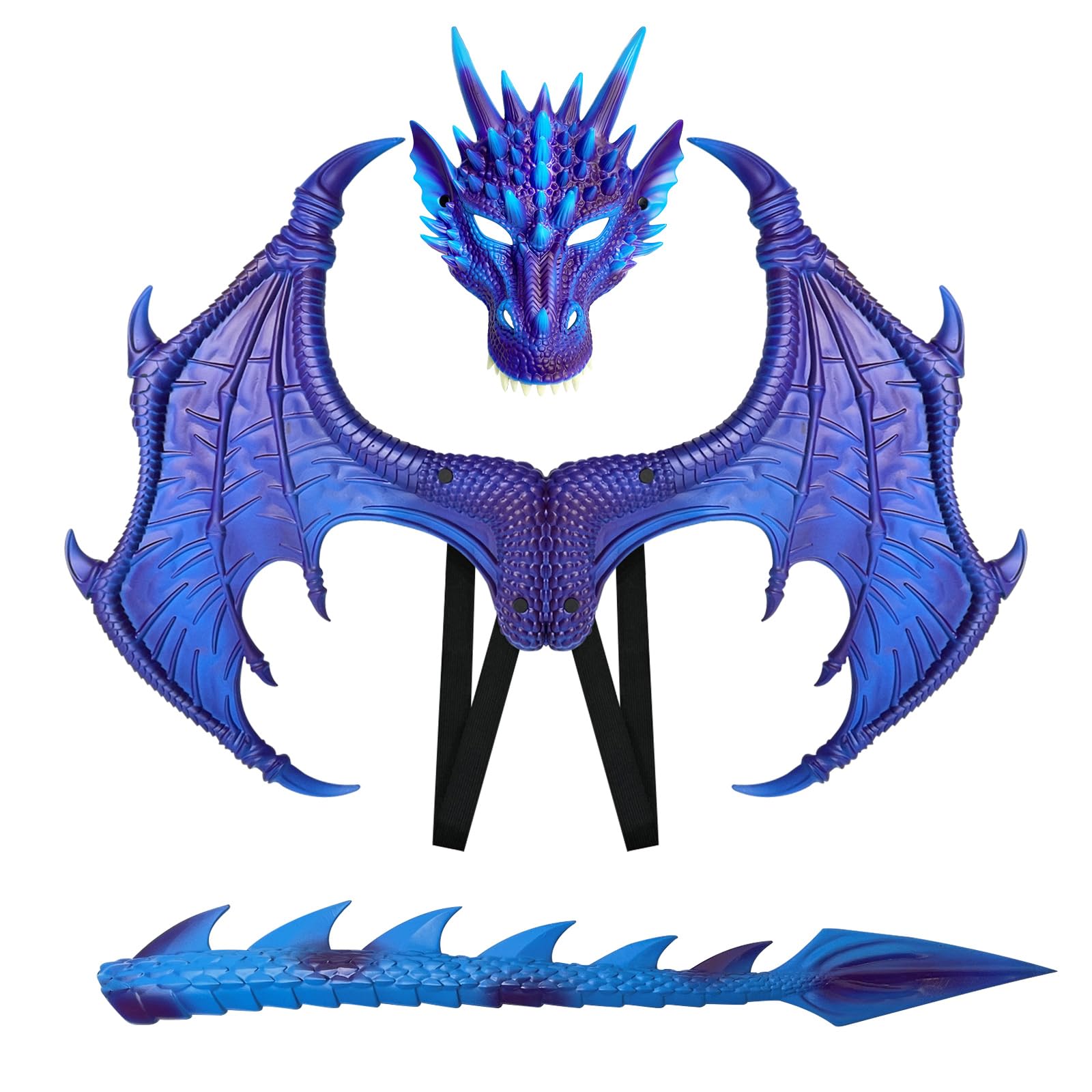 Disfraz de dragón para niños, juego de máscara de cola de dinosaurio, disfraz de Halloween para cosplay, máscara de disfraz de dragón para niños (azul frío)
