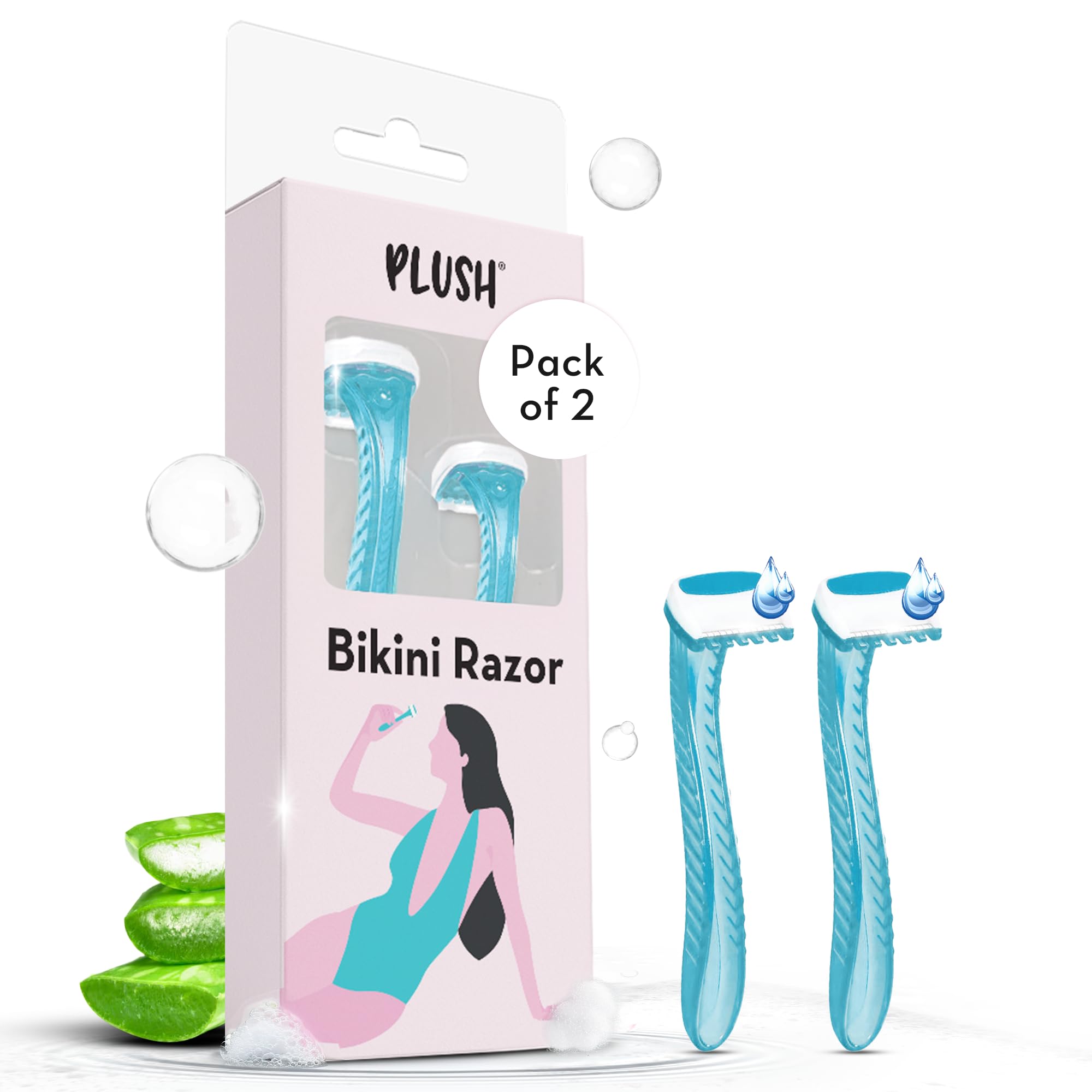 Plush Reusable Bikini Razor for Women (2 Pcs) | Best Razor for Shaving Private Parts & Pubic Area | German Precision Blades, Lubricating Strips & Safety Comb for 1-Stroke Shave | No Bumps, No Cuts