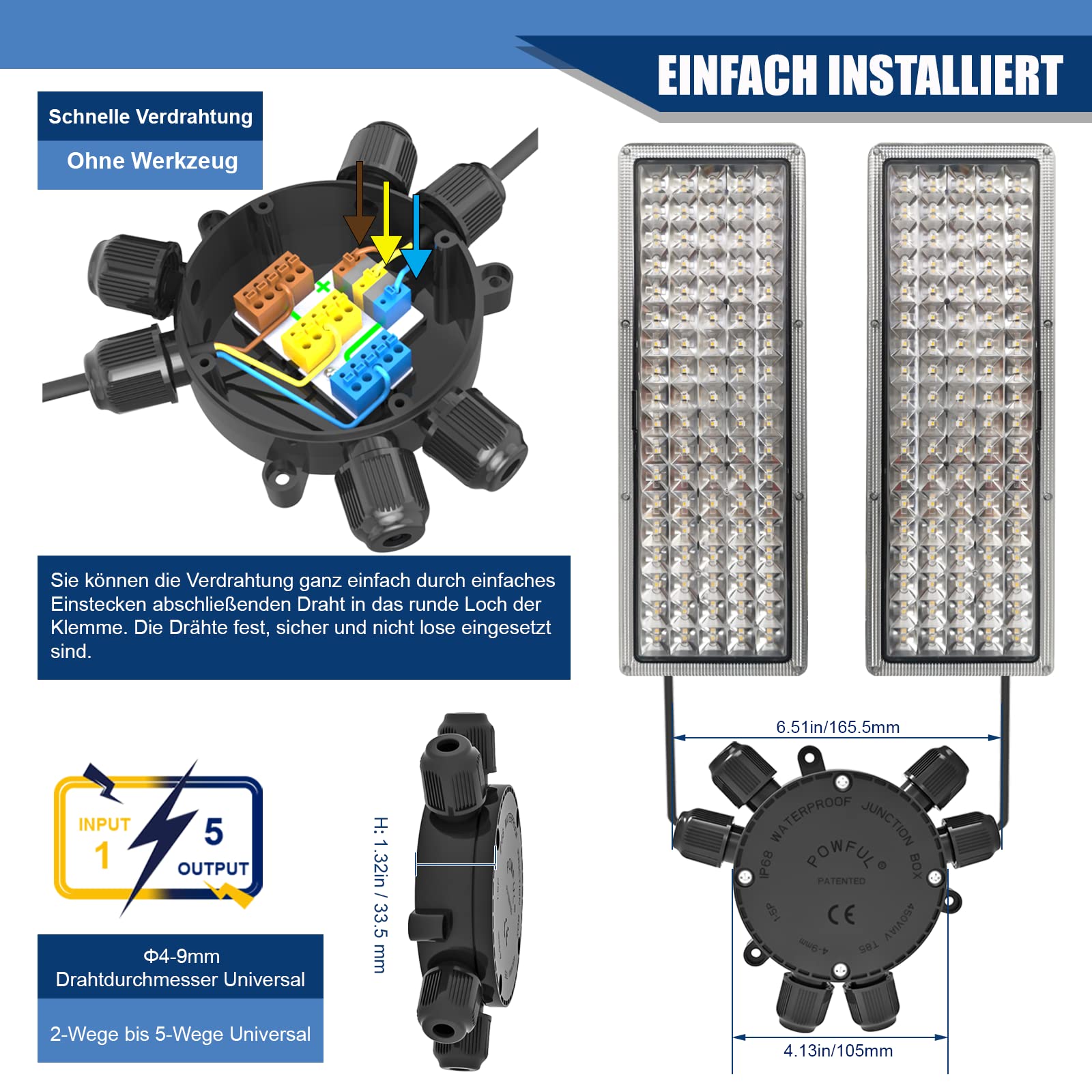 Abzweigdose Verteilerdose Außen Wasserdicht Erbindungsdose POWFUL Junction Box Drahtkern Ø0,6-2mm 32A Kabeldurchmesser Ø4mm-9mm 2-6Wege Großer Platz Schnelle Installation ohne Werkzeug (5 Pack)