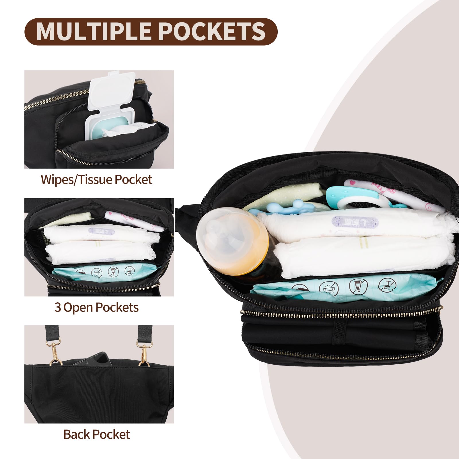 Piccola borsa per pannolini con fasciatoio portatile, borsa a tracolla per pannolini con tasca per salviette, nero, Medium, Zaini Tote