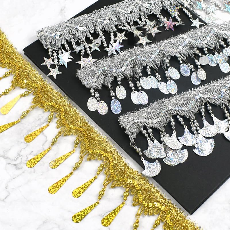 Generisch 1/2/4Meters Star Sequins Tassel Lace Gold Silver Beaded Fringe for Dance Dresses Trim Ribbon Party Tassels Sewing Accessories(RC444-LaserSilver-85,4Meters)
