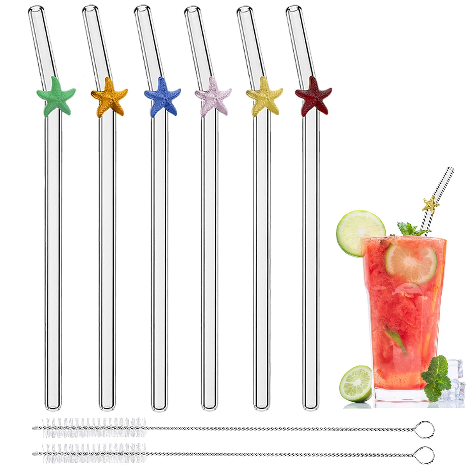 Reusable Glass Straws with Charms, 7.9'' x 8mm Cute Clear Drinking Straws for Smoothies, Coffee, Juice, Milk, Cocktails, Set of 6 Bent and 2 Cleaning Brushes (Colorful Starfish) โ image 1