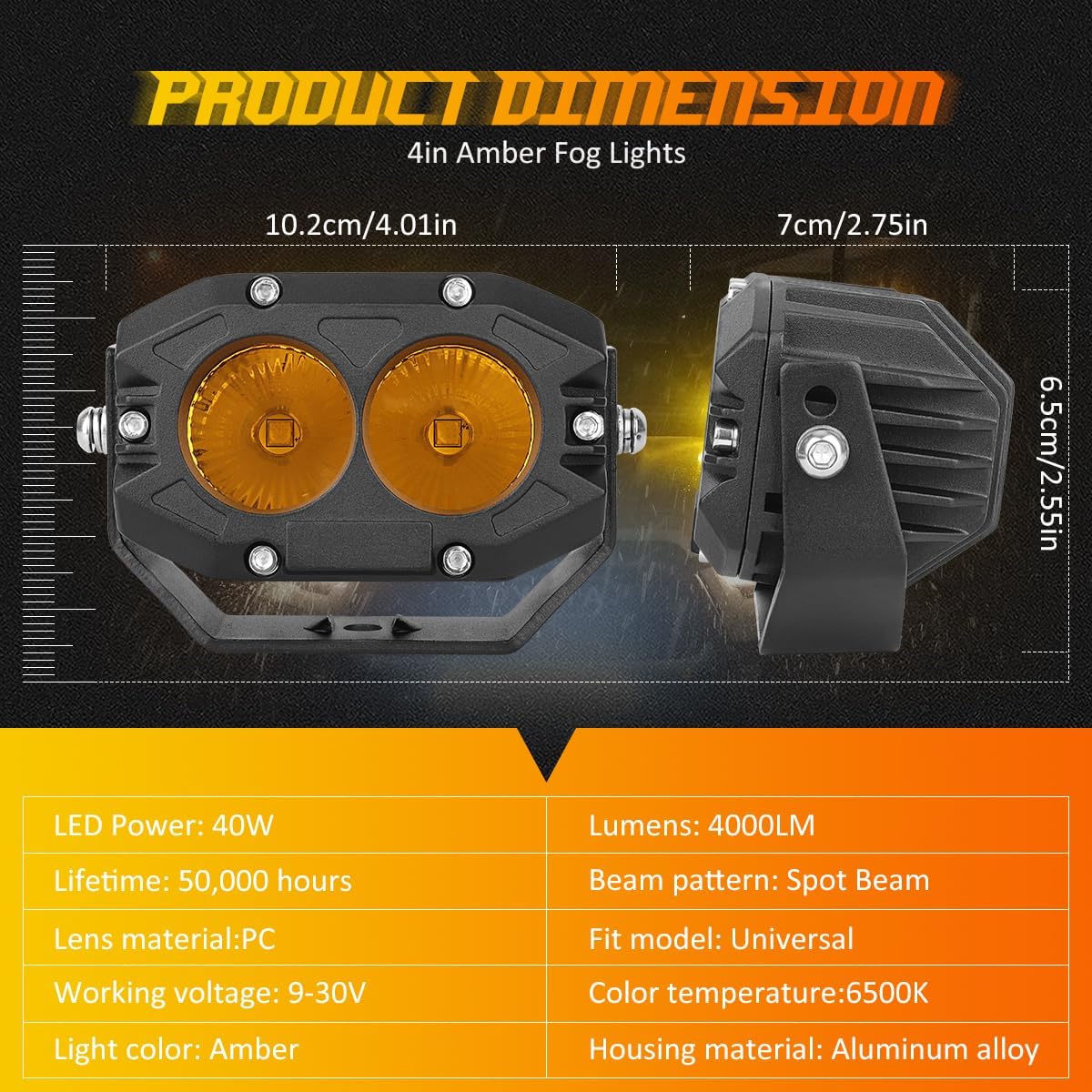 4 Inch Amber Fog Lights, 40W Led Pods Offroad Light Pods Yellow Flood Beam Super Bright Boat Lights Led Work Light Amber Ditch Lights Fit for Jeep SUV ATV UTV Truck Pickup Motorcycle（1Pack）