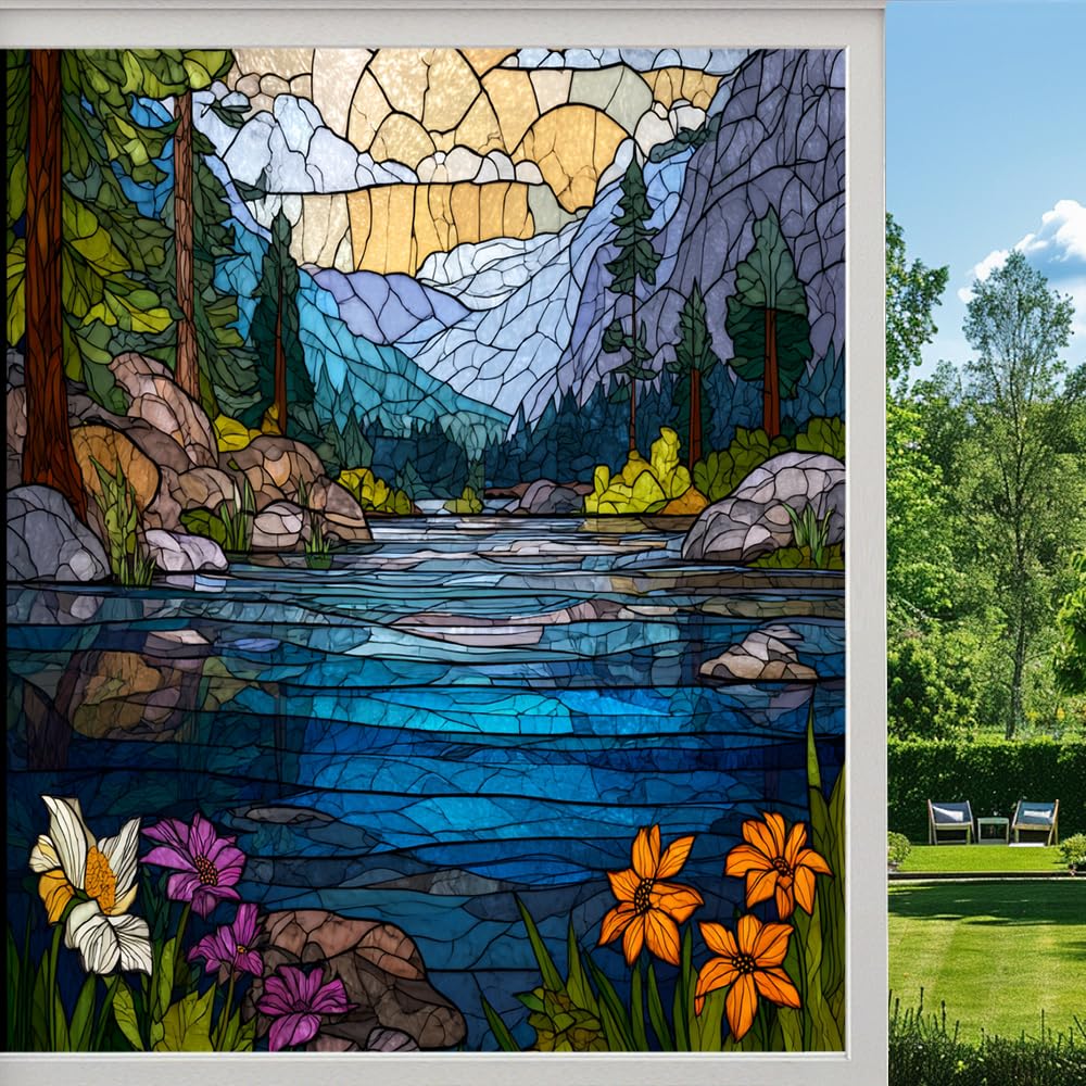 Abstract Mountain River Frosted Window Film, Colorful Natural Scenery Stained Glass Privacy Film, Heat Insulation Self-Adhesive Vinyl for Bathroom Office, （50x100cm）