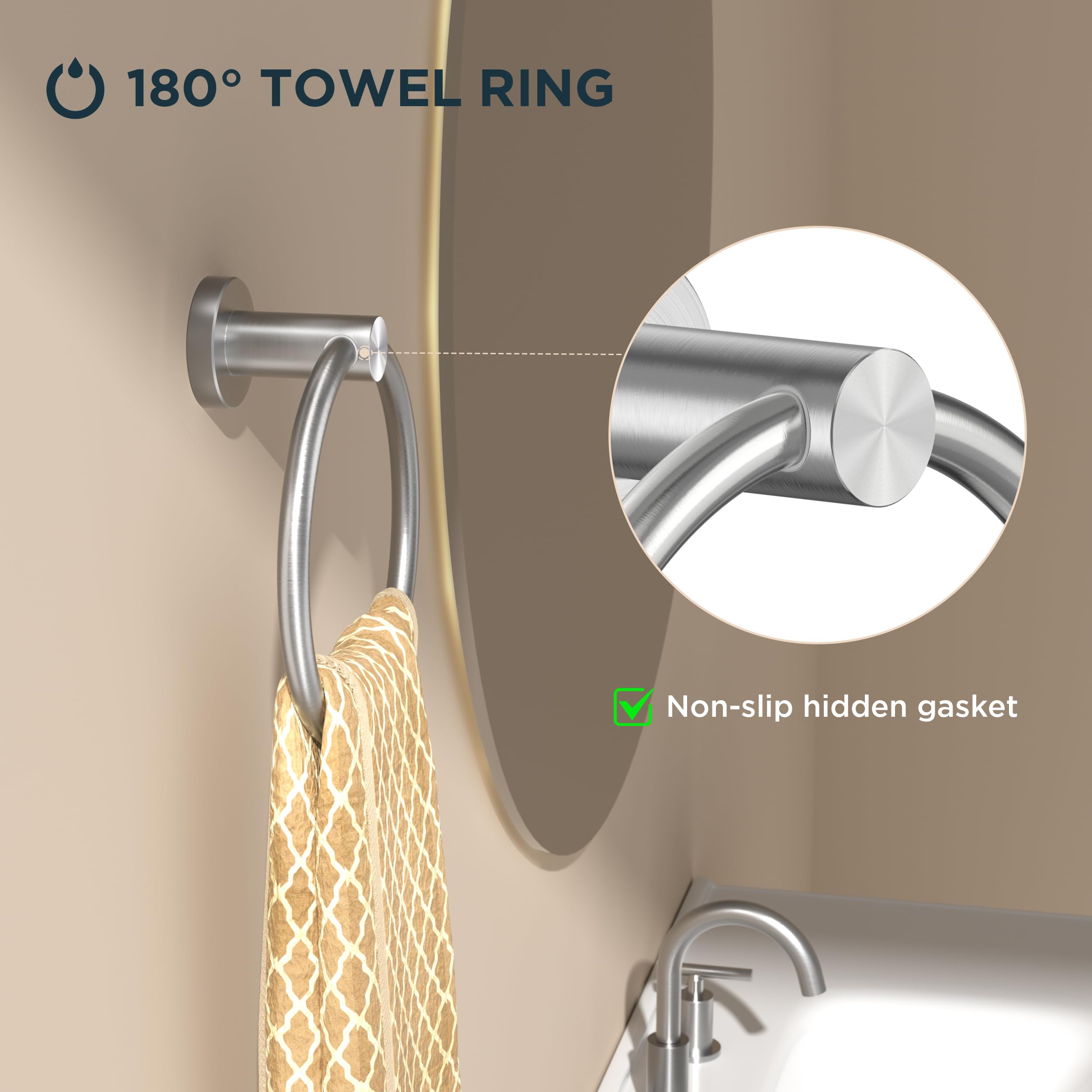 FORIOUS Stainless Steel Hand Towel Ring - Brushed Nickel -3