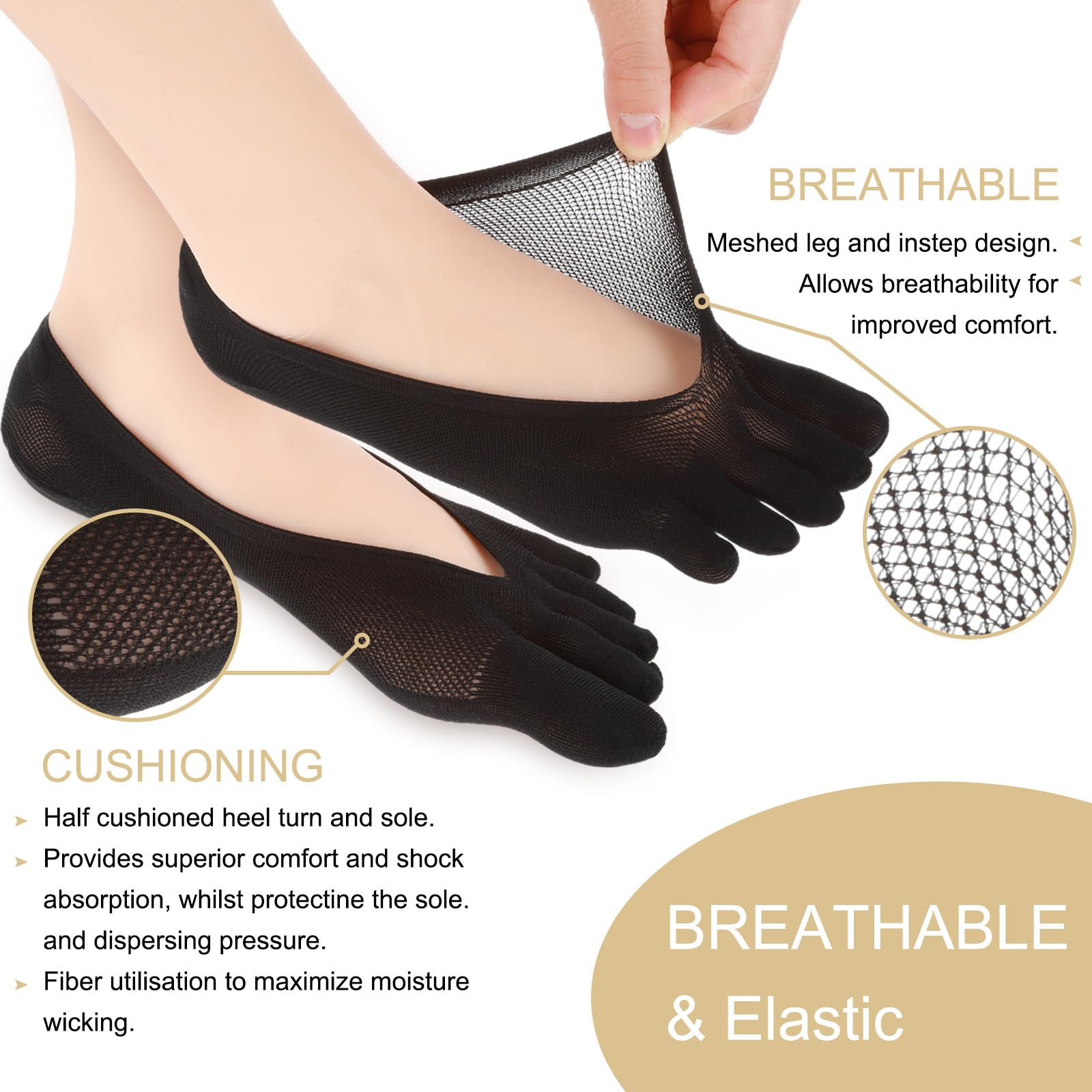 CIATBYYJ 5 Pcs Non-Slip Bunion Socks for Women, Comfortable Socks with Toes Separated for Women, No-Show Compression Toe Sock for Dress Shoes Canvas Sneakers, Toe Sock for Bunion and Crooked Toes