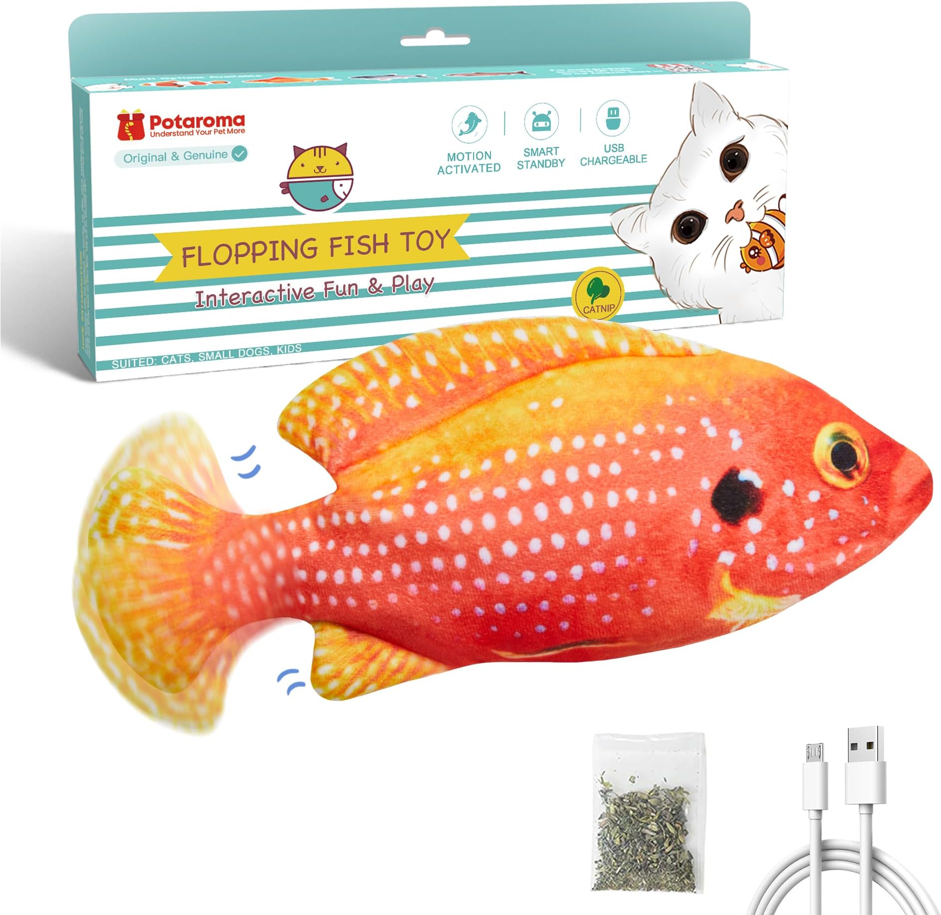 Potaroma Flopping Fish Cat Toy, Interactive Moving Floppy Gemfish, Catnip & Silvervine Enrichment, Kitten Kicker Indoor Exercise for All Breeds, 10.5 Inches
