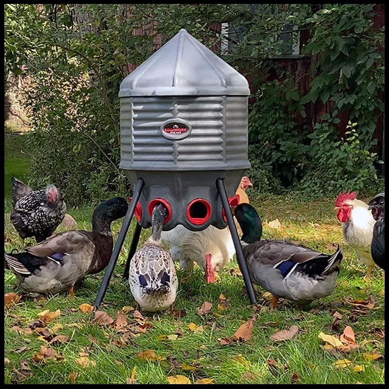 CoopWorx Poultry Feeder - 80 lb Capacity - Adjustable Height - UV Stable - Weather Resistant - 8 Feed Ports - Silo Shaped Design - Rust-Proof - Intended for Chickens/Ducks/Turkeys - Made in USA
