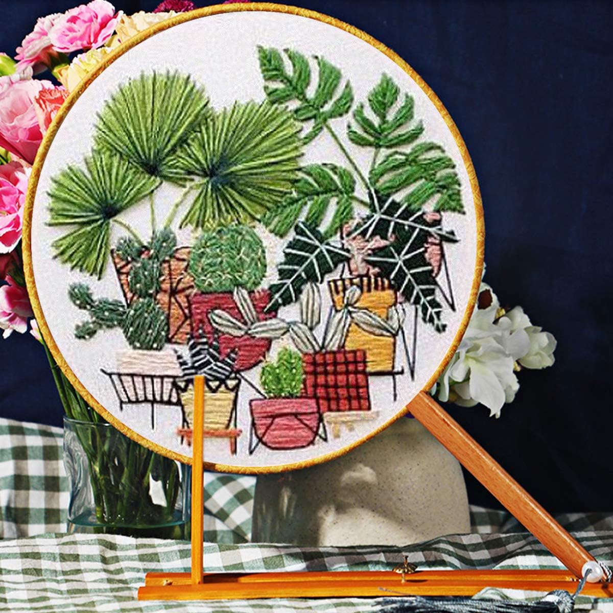 Apipi Cross Stitch Stamped Embroidery Kit- Art Craft Handy Sewing Pack for DIY Beginner Counted Starting-Including Color Pattern Embroidery Cloth,Embroidery Hoop,Color Threads,Tools