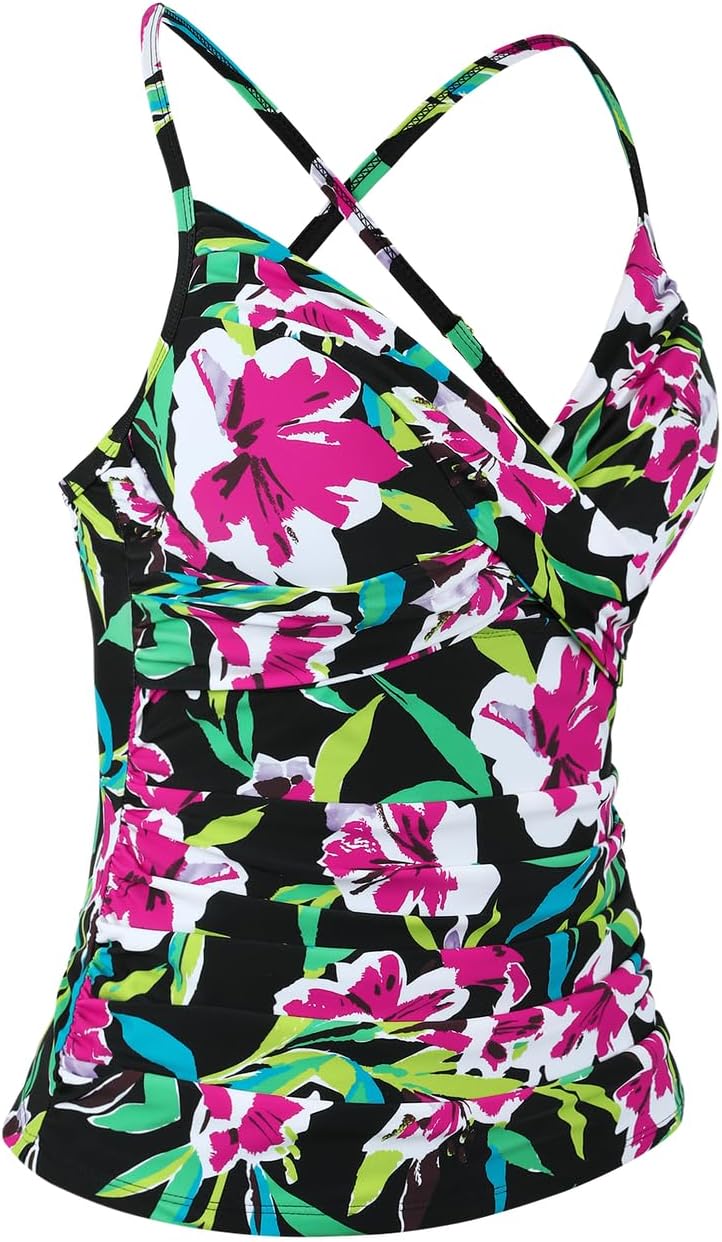 coastal rose Womens Underwire Tankini Swim Top Cross Front V Neck Swimsuit Tops Ruched Tummy Control Swimwear