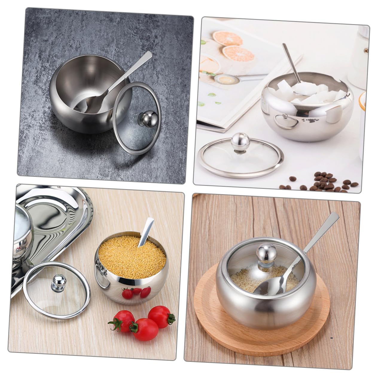 Set 2 Zuccheriere In Acciaio Inox Con Coperchio Vetro E Vassoio - Contenitori Per Condimenti 9x7 Cm - 4
