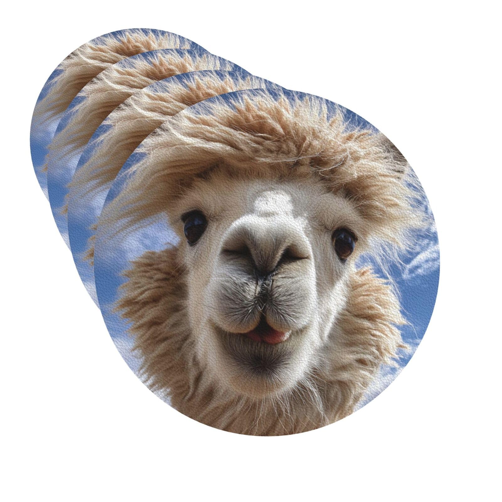 Drink Coasters Set of 4 Quick-Dry Leather Coaster Funny Alpaca Llama Coasters for Drinks Coffee Cup Mat Tabletop Protection Heat Resistant Coaster for Kitchen Bar Office Home Decor