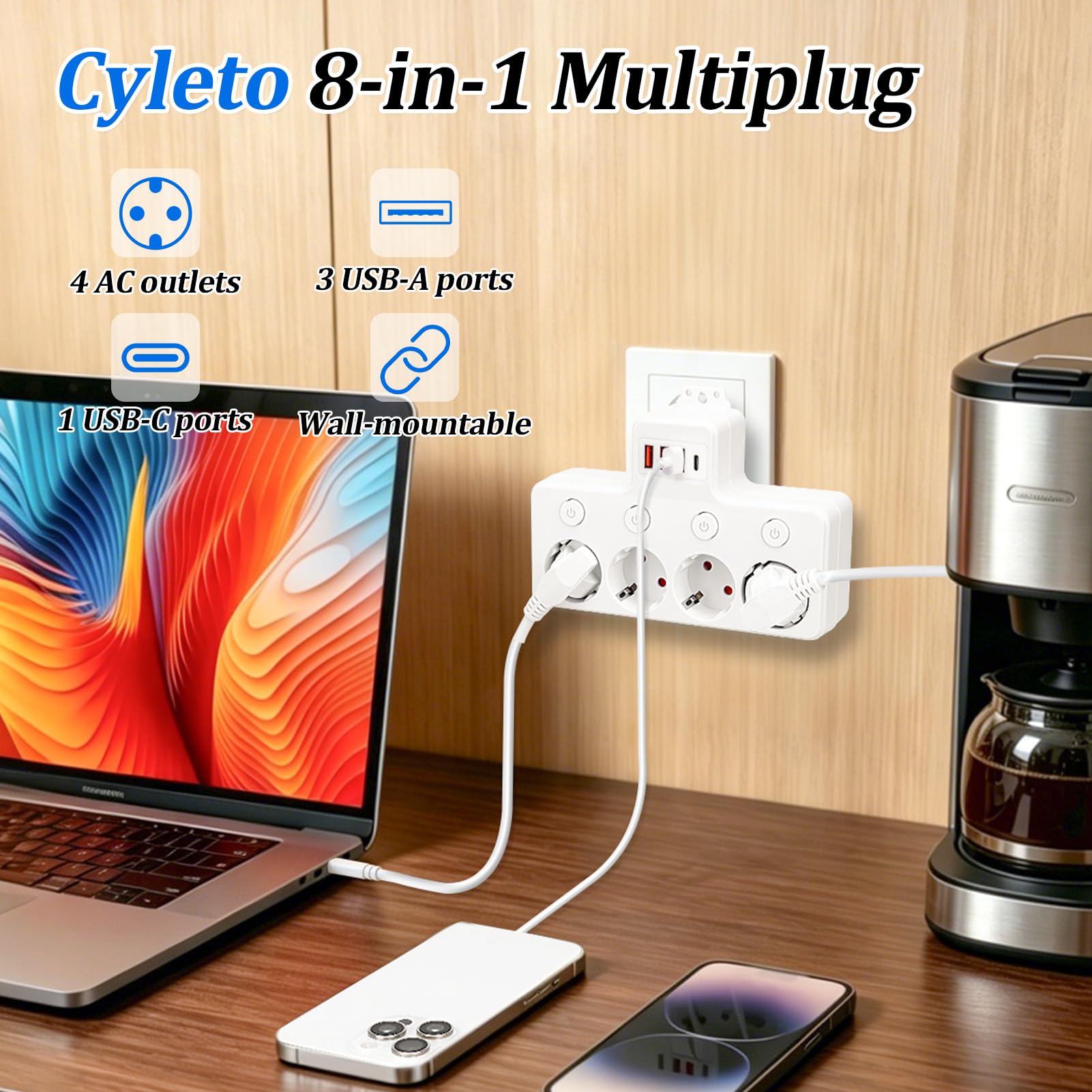 Ciabatta con 4 prese con USB-C e 3 USB-A, interruttore singolo con spia di controllo, protezione per bambini e protezione da sovratensione per ufficio, casa, cucina, viaggi