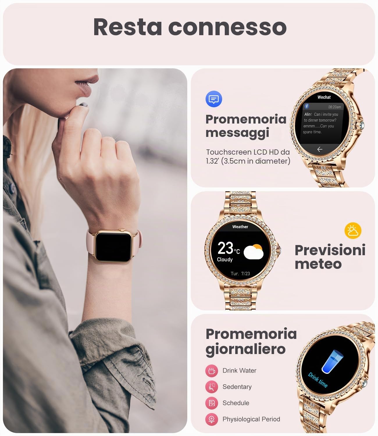 Smartwatch Chiamate, 20 Sport Orologio Smartwatch Donna, Fitness Contapassi Cardiofrequenzimetro Pressione Sanguigna SpO2, Monitoraggio del Sonno, Android iOS,Argento
