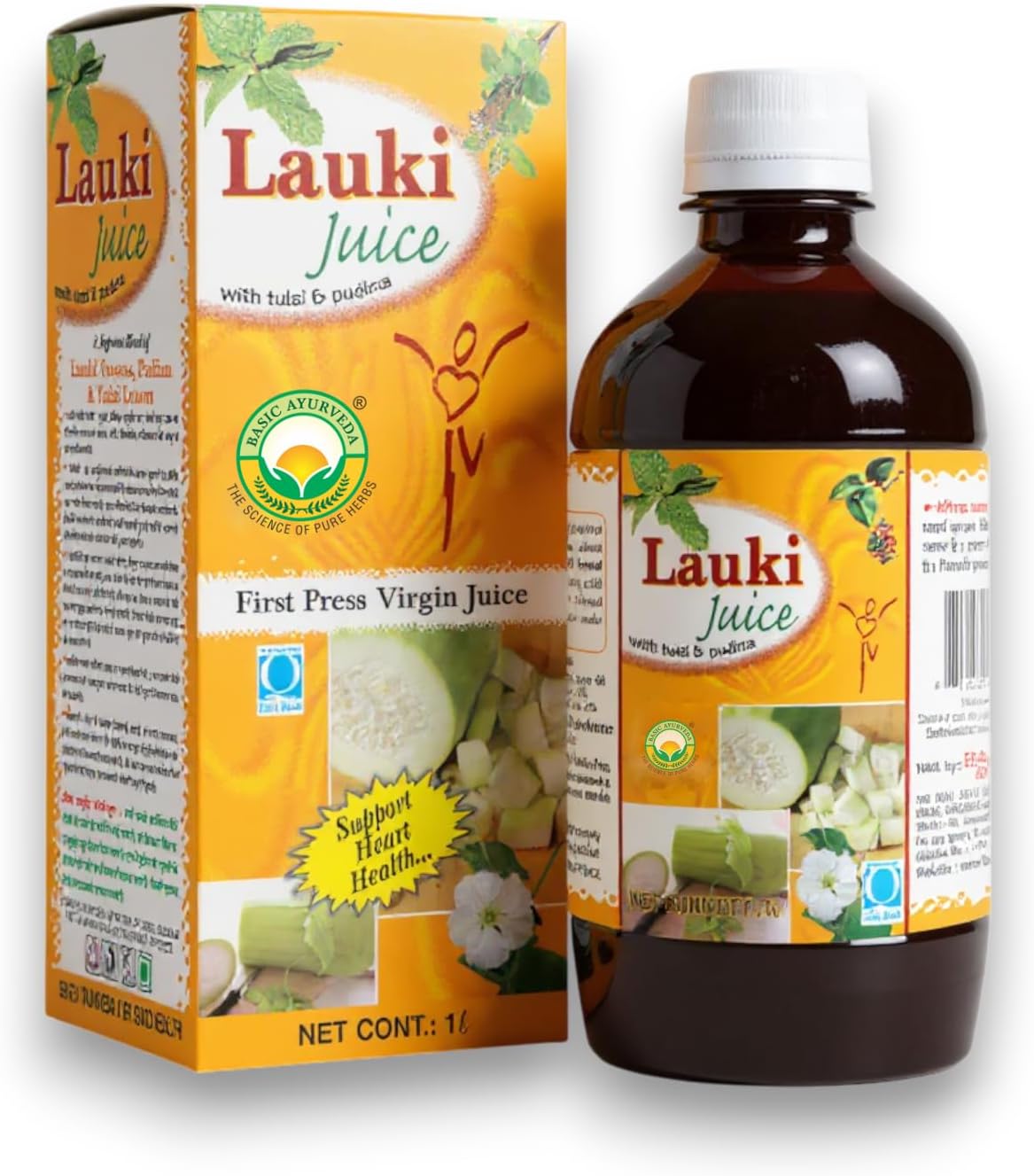 Basic Ayurveda Lauki with Tulsi & Pudina | 1L First Press Virgin Bottle Gourd Blend | Herbal Drink for Hydration, Digestion & Daily Wellness | No Added Preservatives