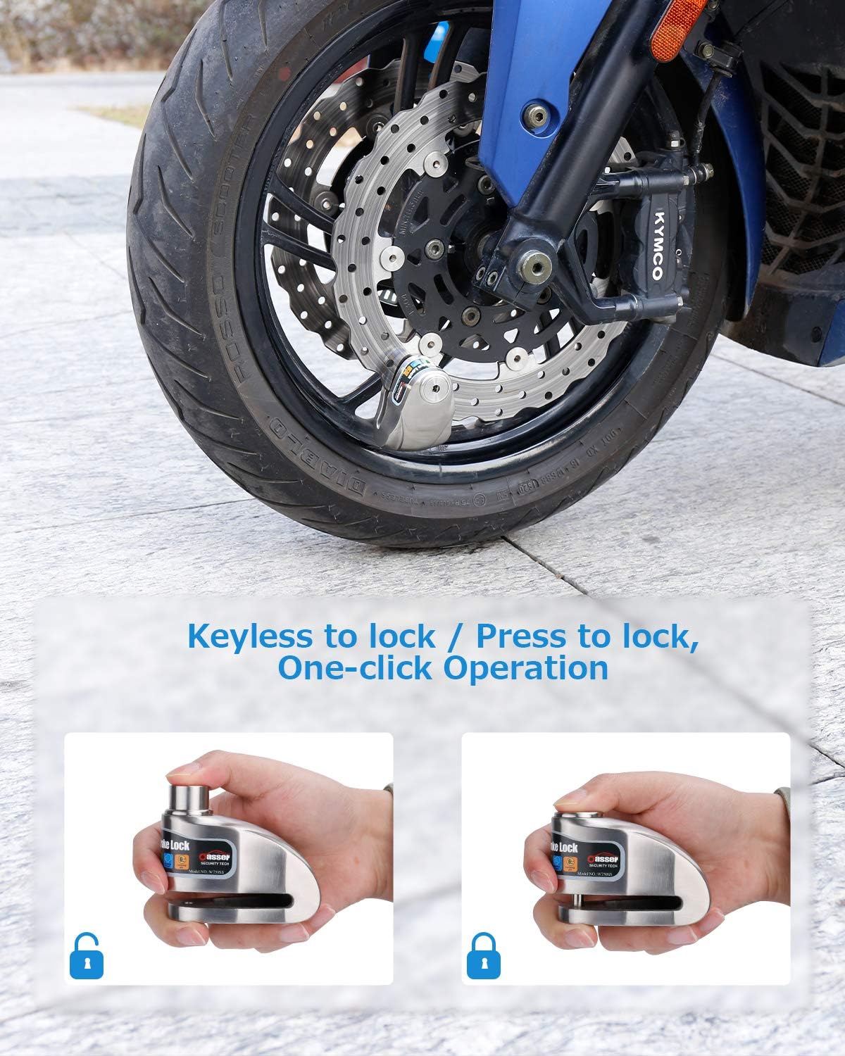 Oasser Motorcycle Disc Brake Lock 120dB Alarm Disc Lock, Stainless Steel Lock Large Capacity Battery Intelligent ON/Off Alarm Function for Motorcycle Bike Scooters(Gray)