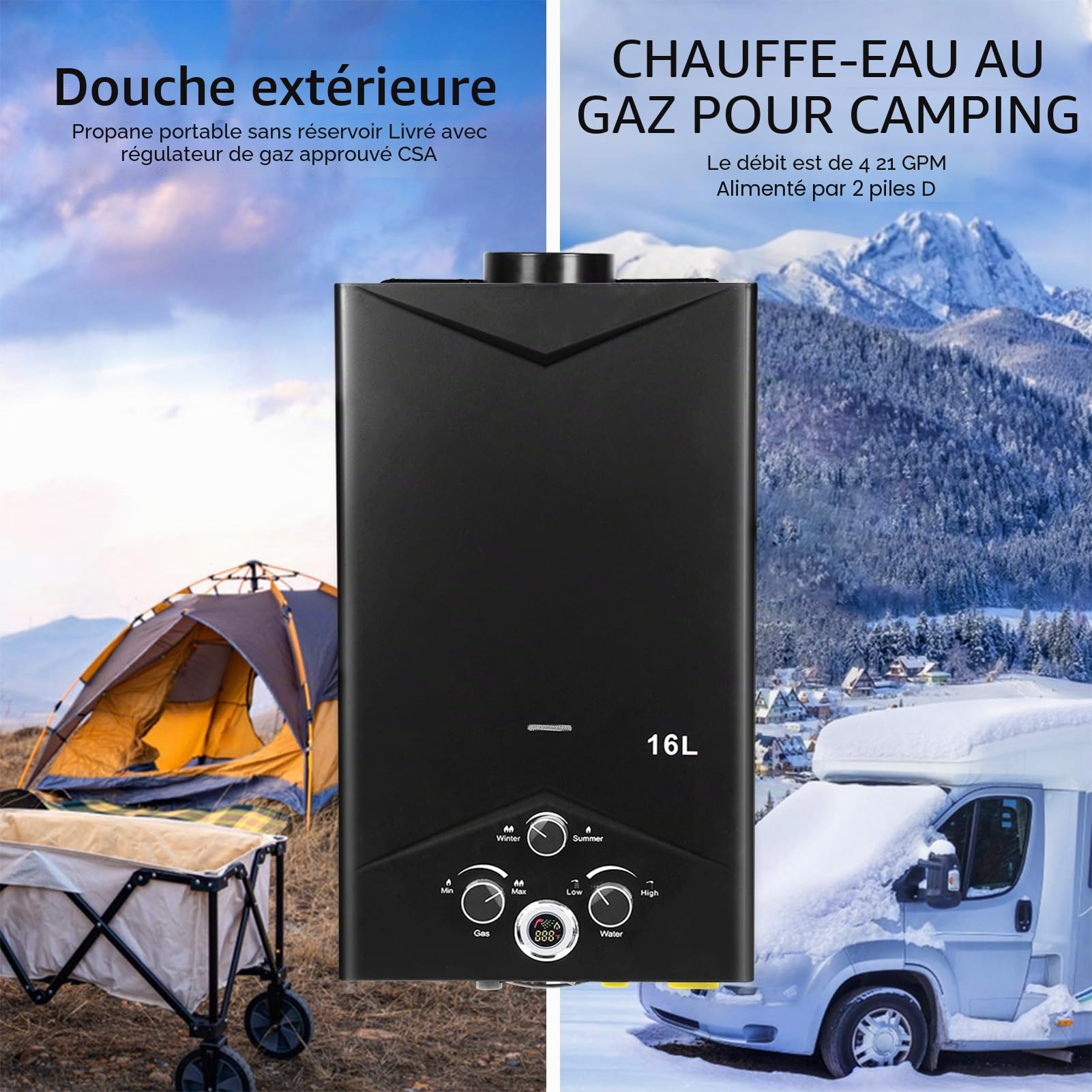 Chauffe-eau Gaz, Chauffe-eau Instantané Gaz 16L pour Camping Car, Caravane, Extérieur, 68000 BTU, Puissant et Économe en Énergie, Design Portable avec Pomme de Douche (1)