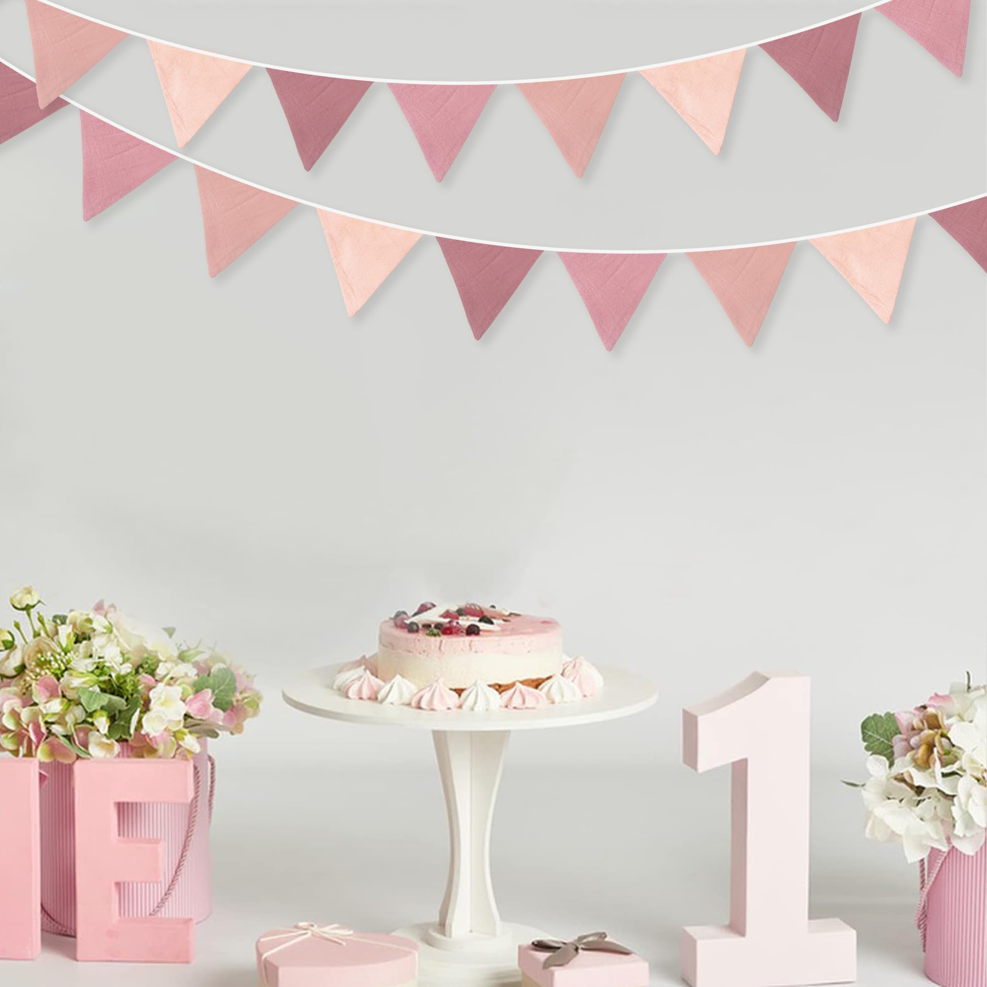 2 Stück altrosa Wimpel Banner Flaggen Kinderzimmer Girlande Blush Pink Leinenstoff Dreieckige Wimpelkette Luftschlangen für Kinder Mädchen Geburtstag Boho Baby Brautdusche Hochzeit Party Dekorationen