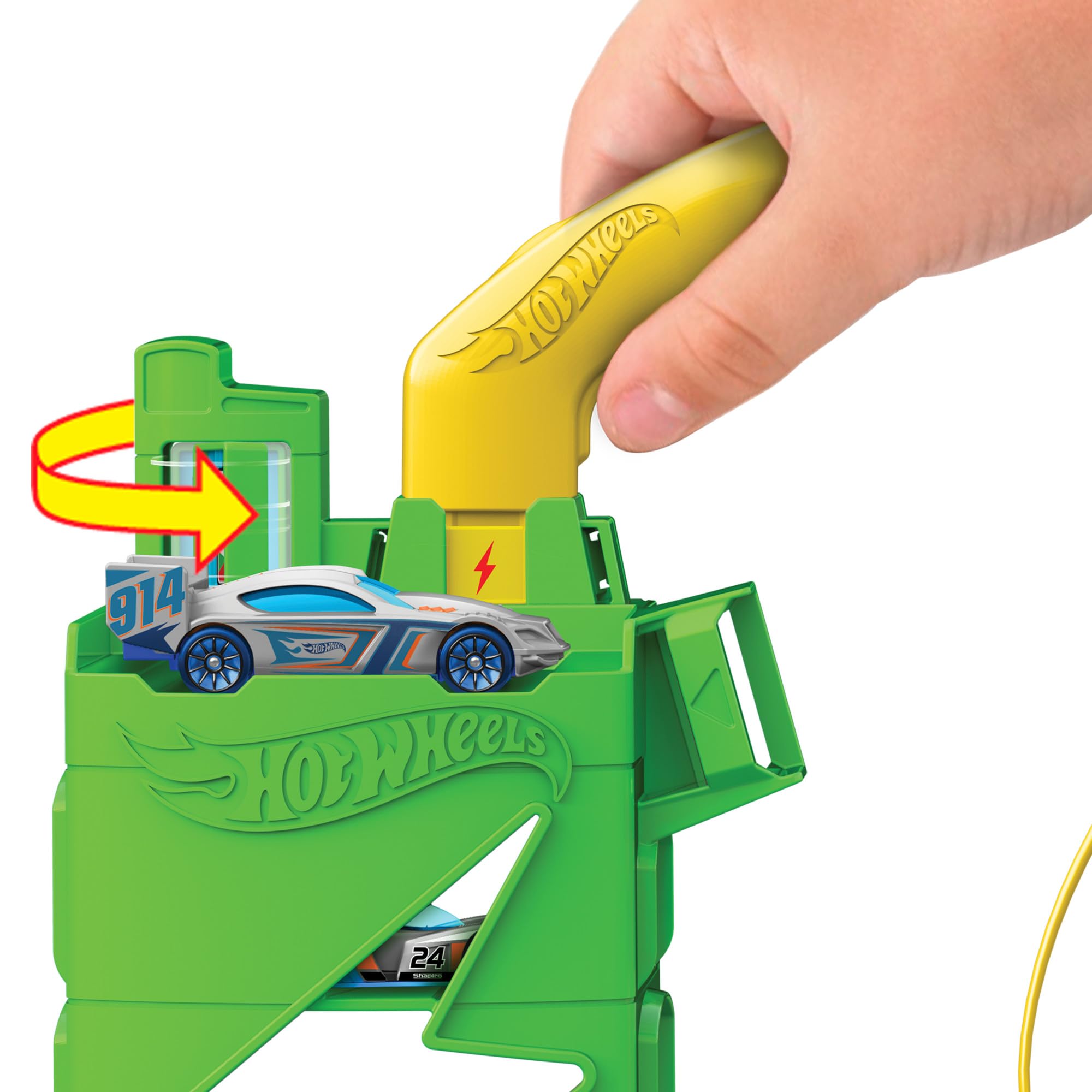 Hot Wheels Let's Race – Na start! - Netflix - Superstacja ładowania Zestaw z zabawkową stacją ładowania pojazdów elektrycznych i samochodzikiem w skali 1:64, HTN79