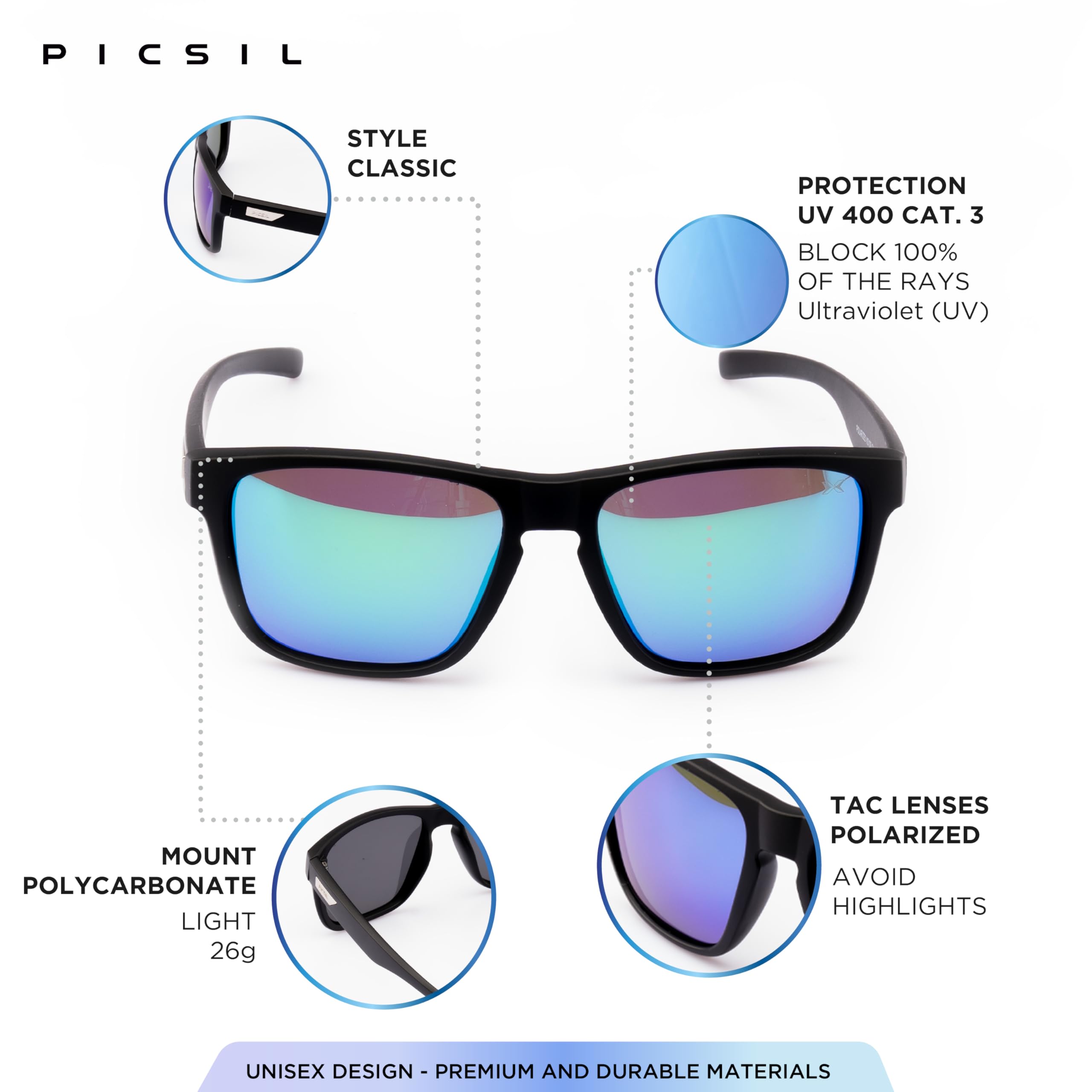 PICSIL Vortex Occhiali da sole sportivi, Design unisex con protezione TAC e lenti polarizzate - montatura in policarbonato resistente, ideale per l'allenamento all'aperto
