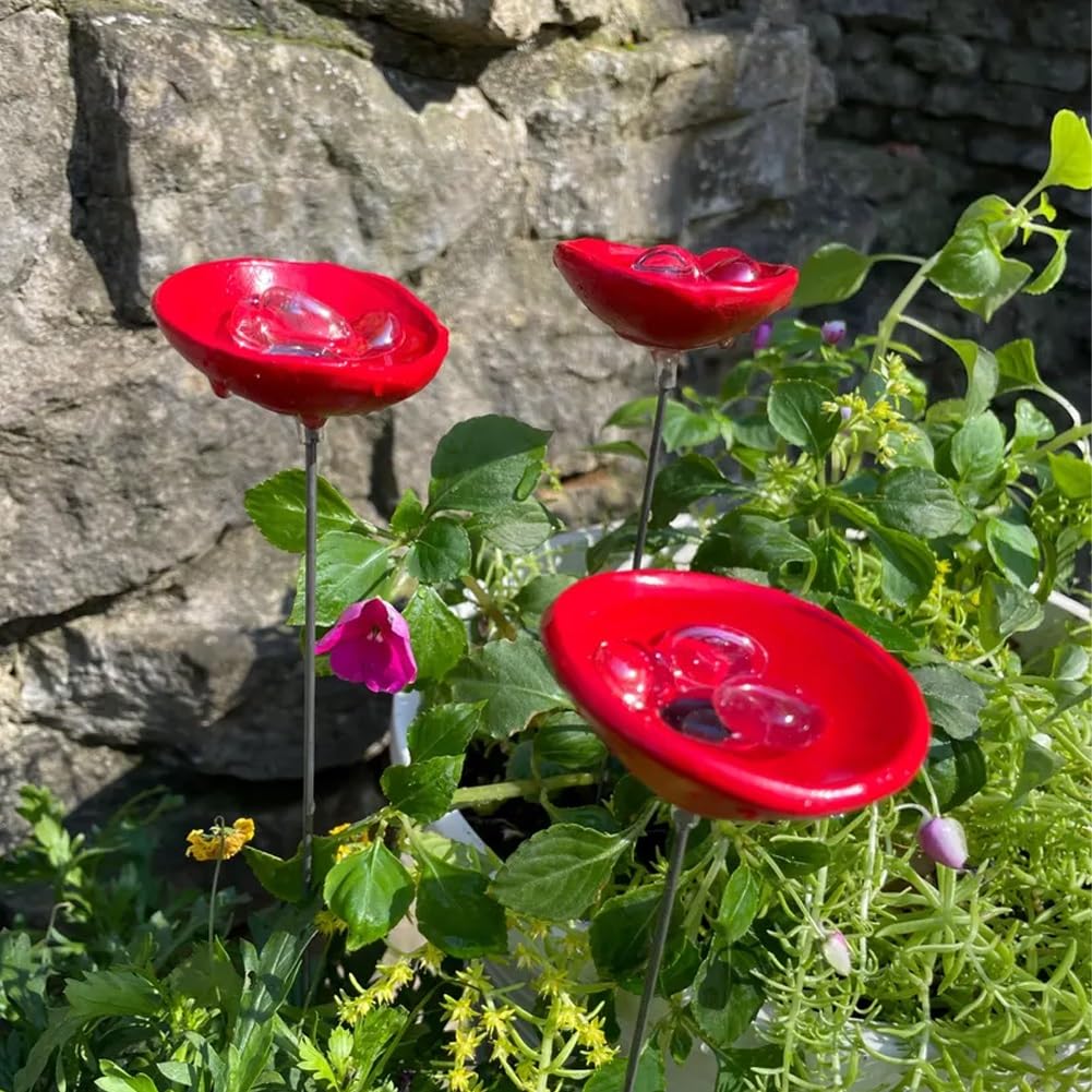 Stazione di irrigazione per api, pozzanghera di farfalle, tazze per colibrì, impollinatore per api e farfalle, mini pali per fiori e api per decorazione esterna da giardino e cortile (rosso, 3 pezzi)