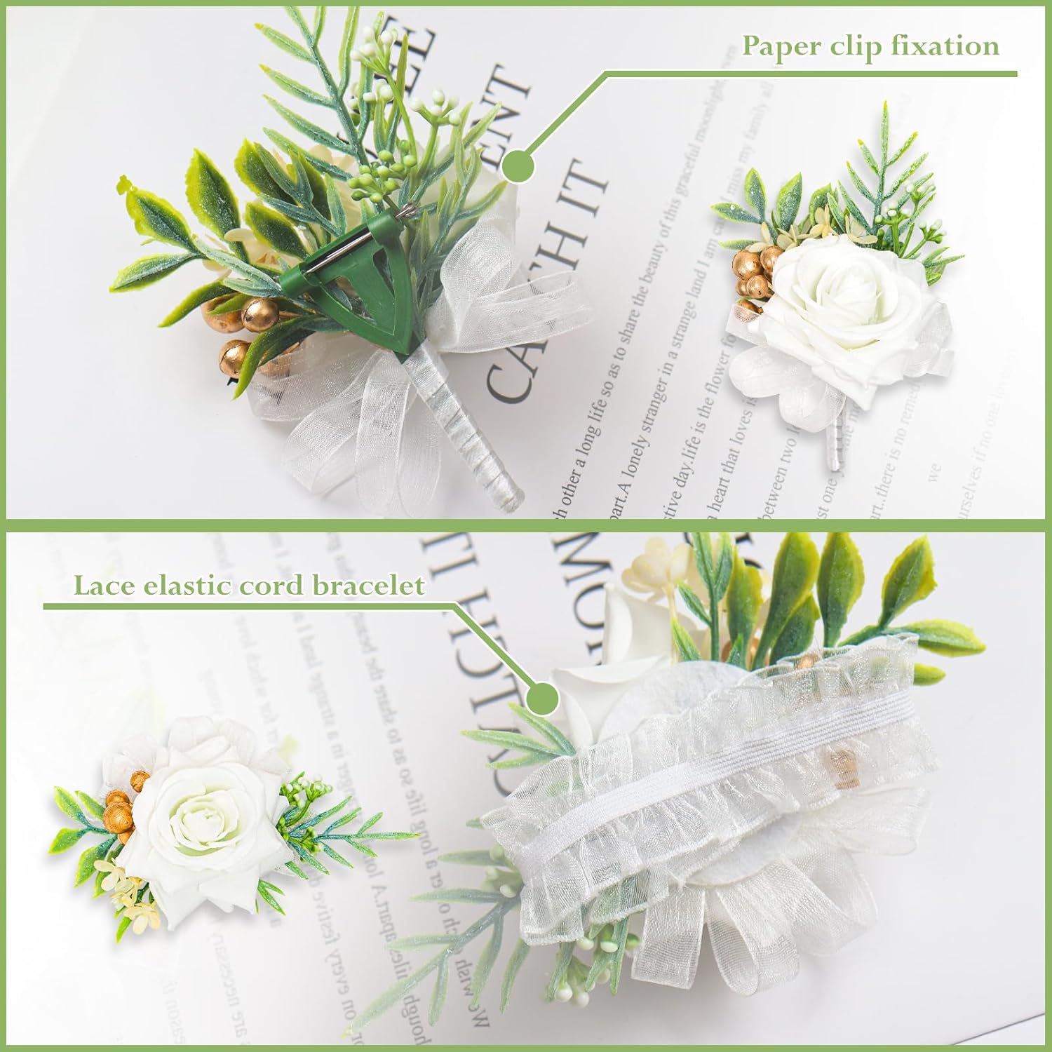2 Pcs White Wrist Corsage and Boutonniere Set, Rose Corsage Hand for Women, Boutonniere for Men Wedding Flowers Accessories Prom Decor Party Suit Decoration (White) - Image 7