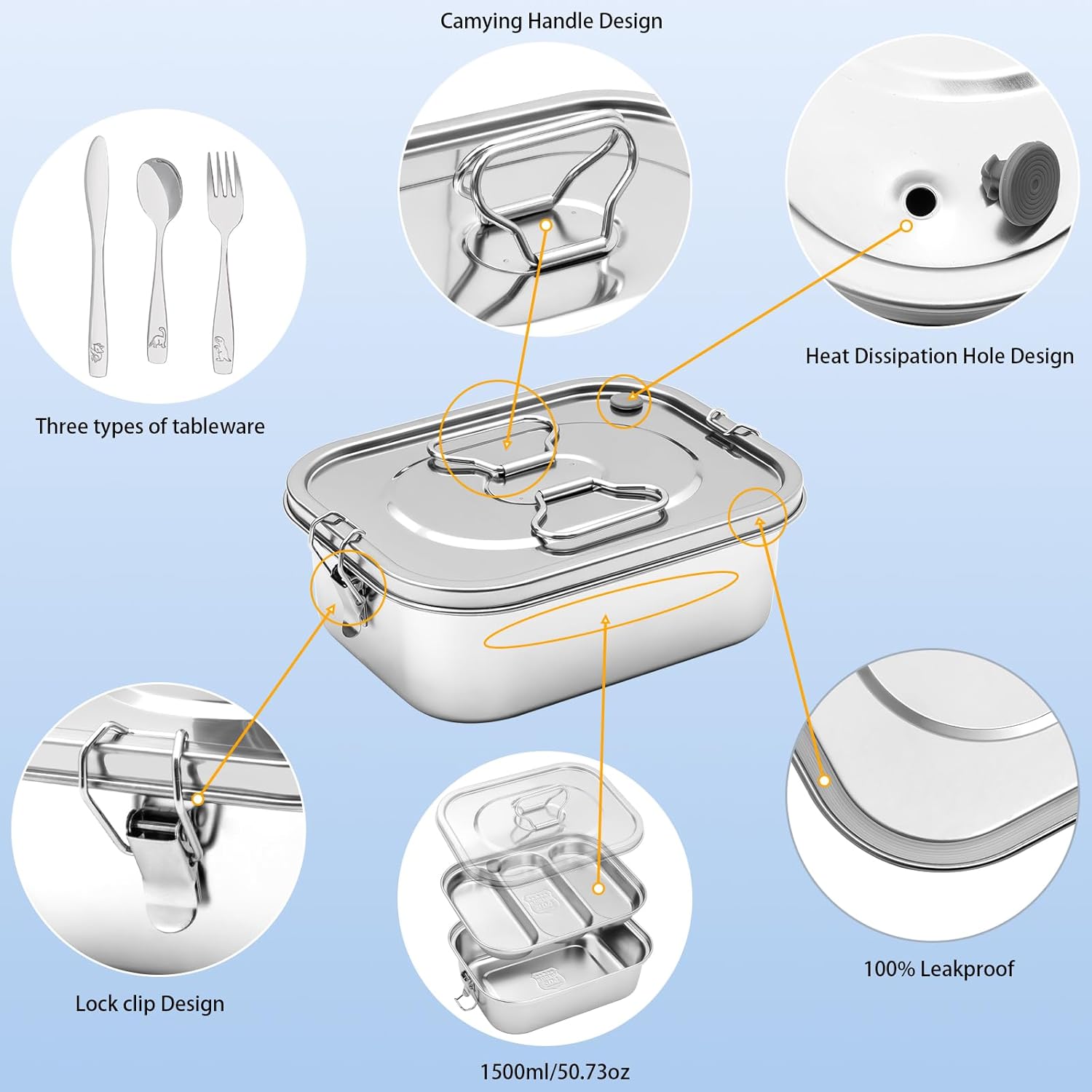 304 Stainless Steel Bento Box - Leakproof 3-Compartment 1800ml (64oz) Lunch Box with Airtight Lid, Water-Resistant Carry Bag & Utensil Set for Work, Picnic, Home