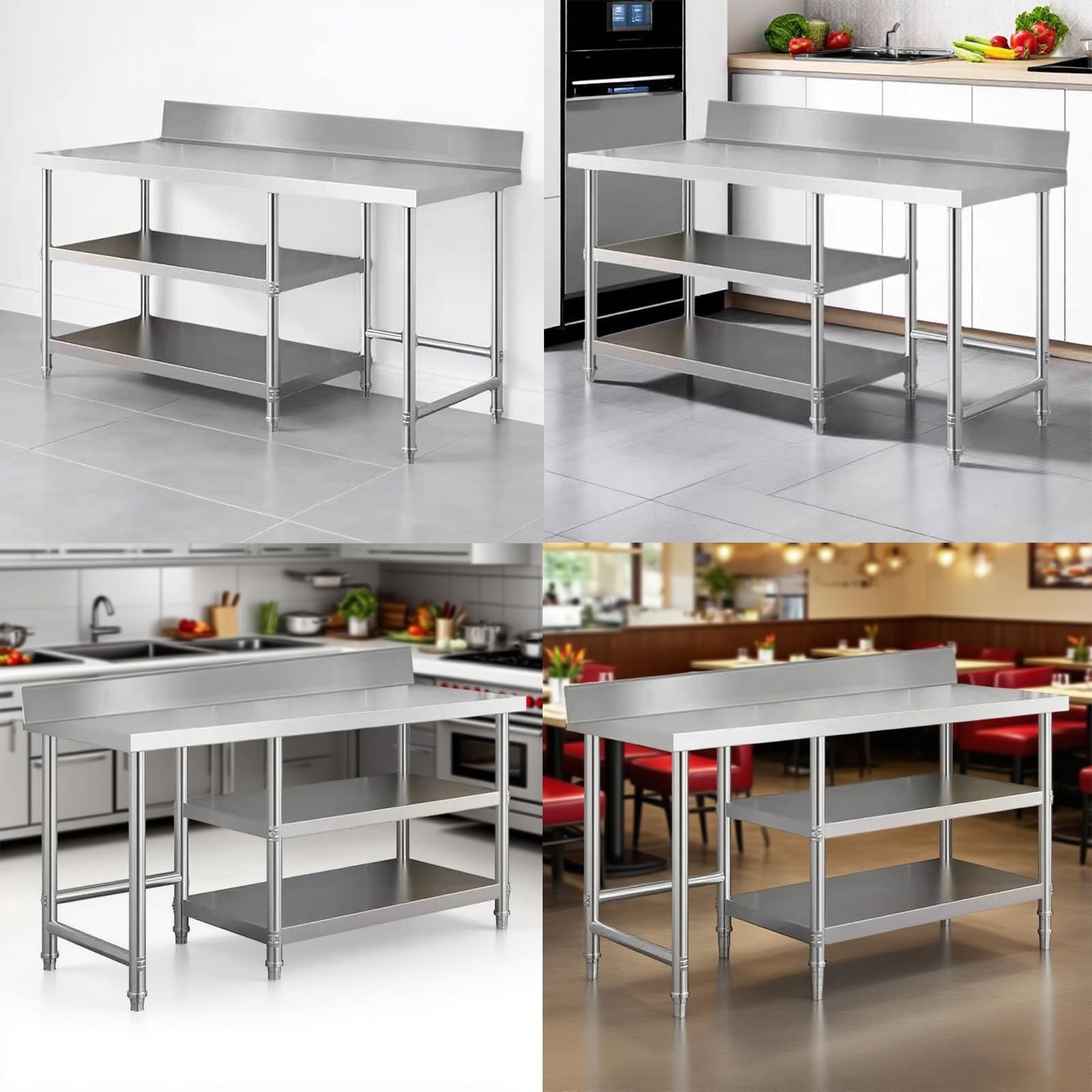 Tavolo da lavoro resistente in acciaio inox 304 con altezza regolabile e guardrail – robusto scaffale per la preparazione della cucina e banco da lavoro da officina, 100 x 50 x 80 cm