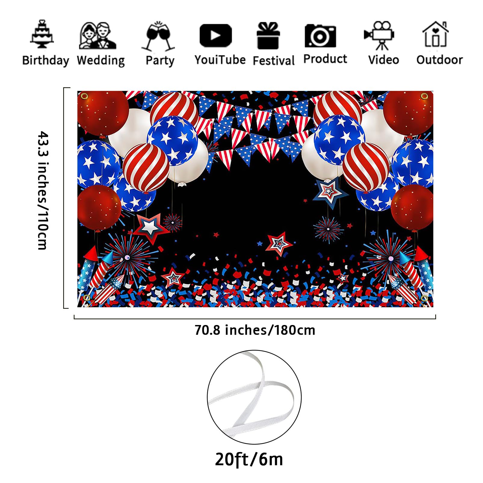 Avezano American Flag 4th of July Backdrop for Independence Day Memorial Day Labor Day Patriotic Party USA Veterans Banner Red White and Blue Party Decorations Photo Booth Photoshoot 70.8 x 43.3 Inch