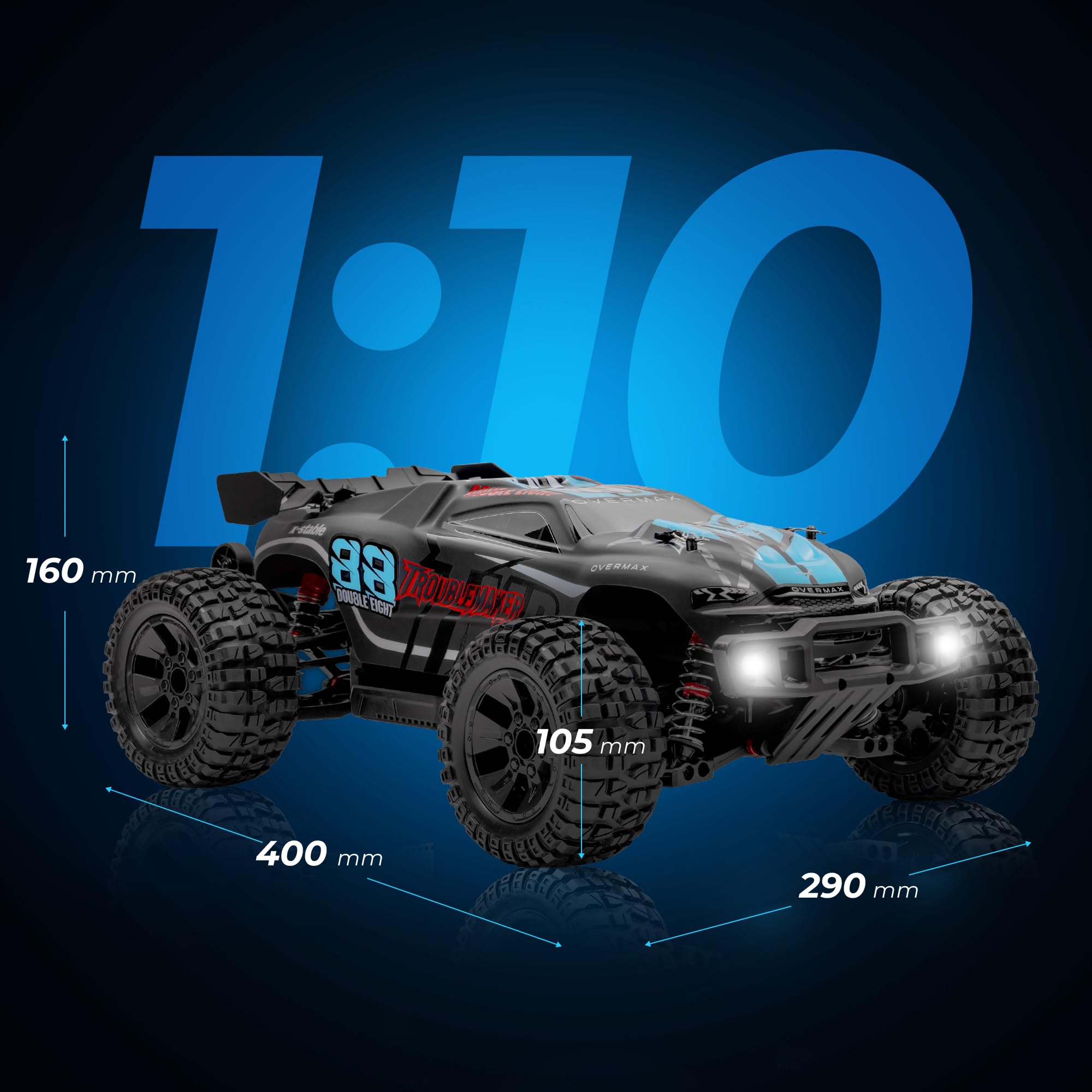 Overmax X- Stable zdalnie sterowany samochód 4WD 1:10 Offroad, 35 km/h 2,4 GHz RC Monster Truck 40 min, z 2 akumulatorami, metalowym napędem, tłumikiem oleju, LED, dla dzieci 8+ i dorosłych zasięg 100
