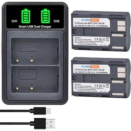 2-Pack of BP-511 BP511A Battery and LCD USB Dual Charger for Canon...