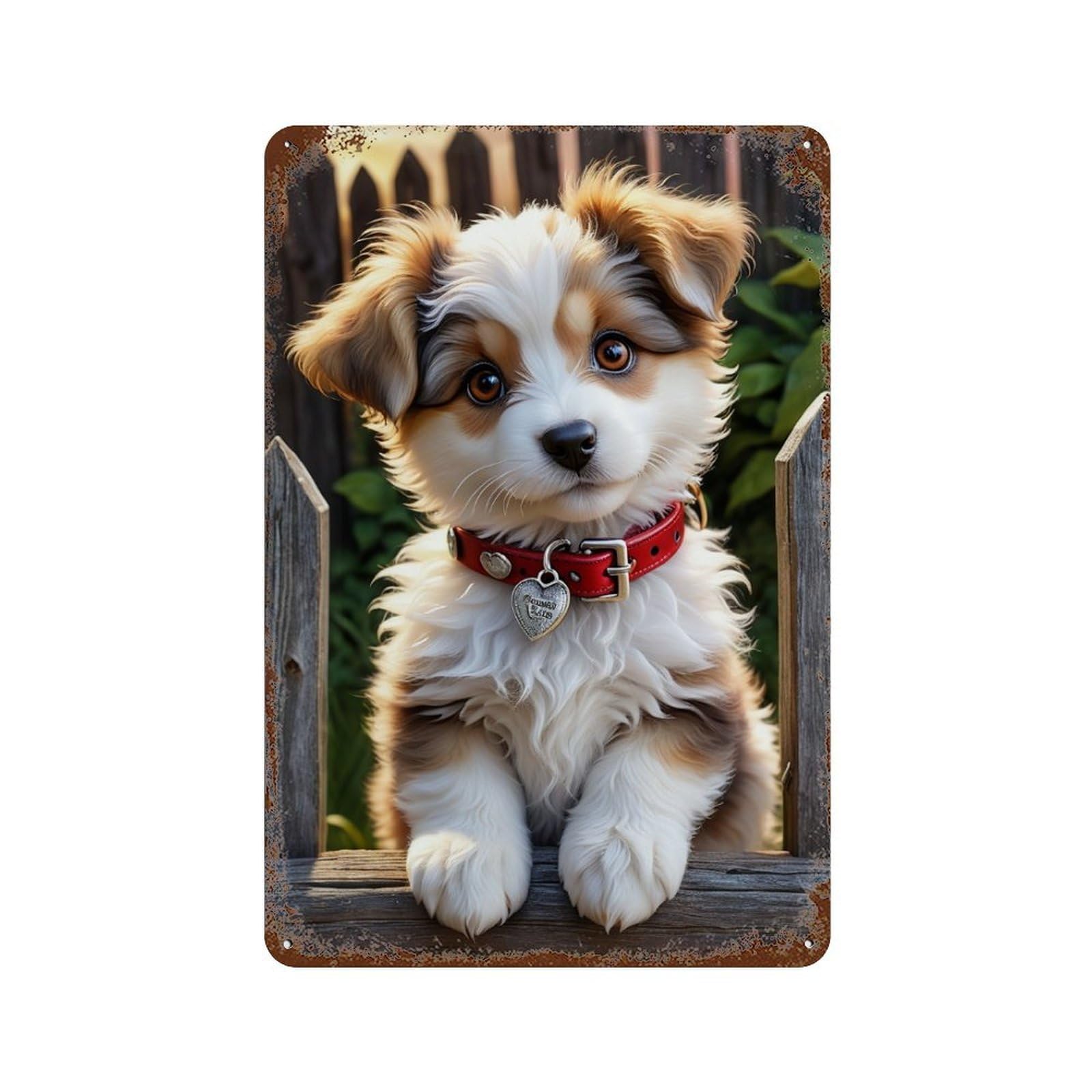 Garage Style Cute Puppy Red Collar Distressed Metal Wall Sign 11.8"x7.9", Farmhouse Wall Decor for Bar And Workshop