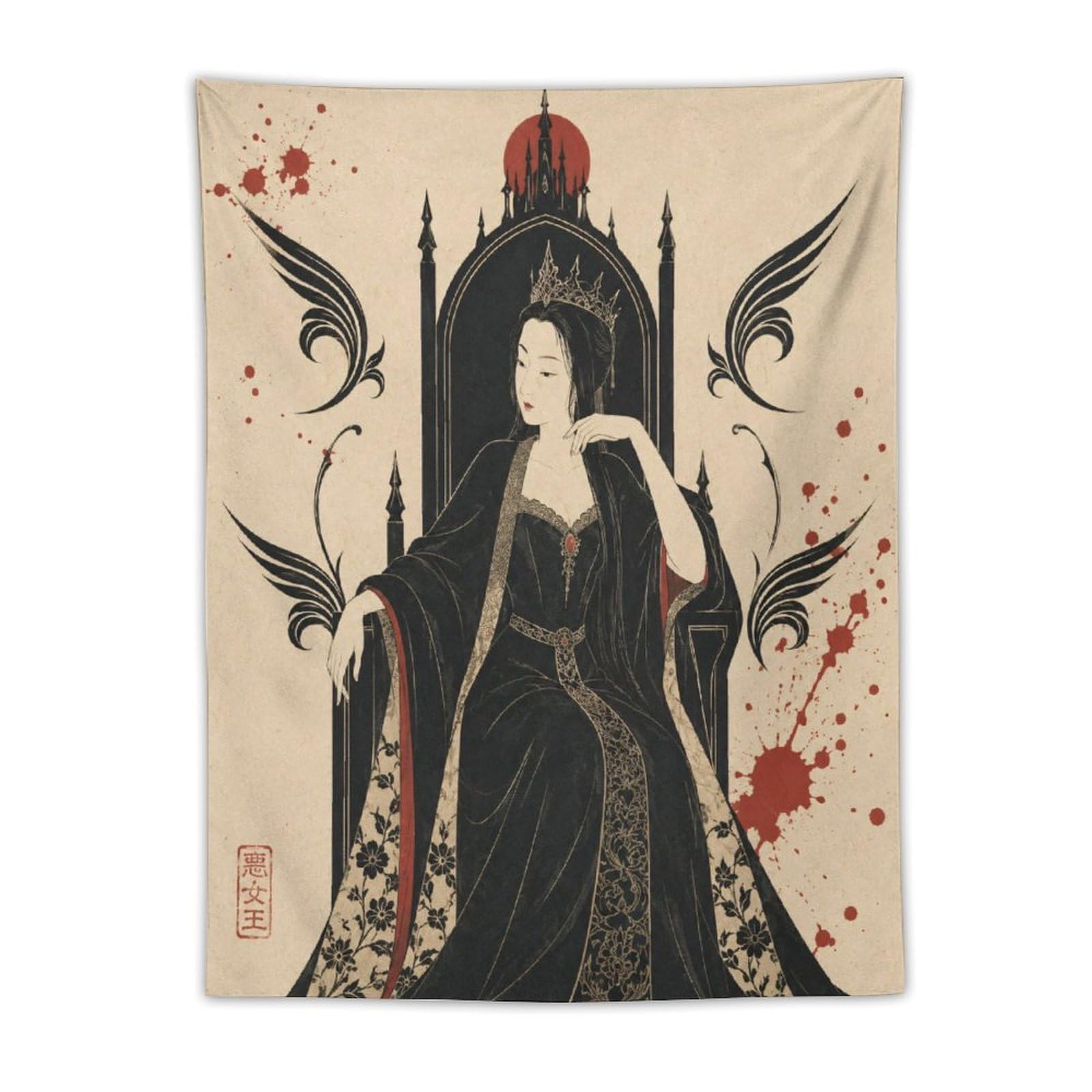 W7C8U2X3 Gothic Queen on Throne Wall Tapestry, Fantasy Illustration Style