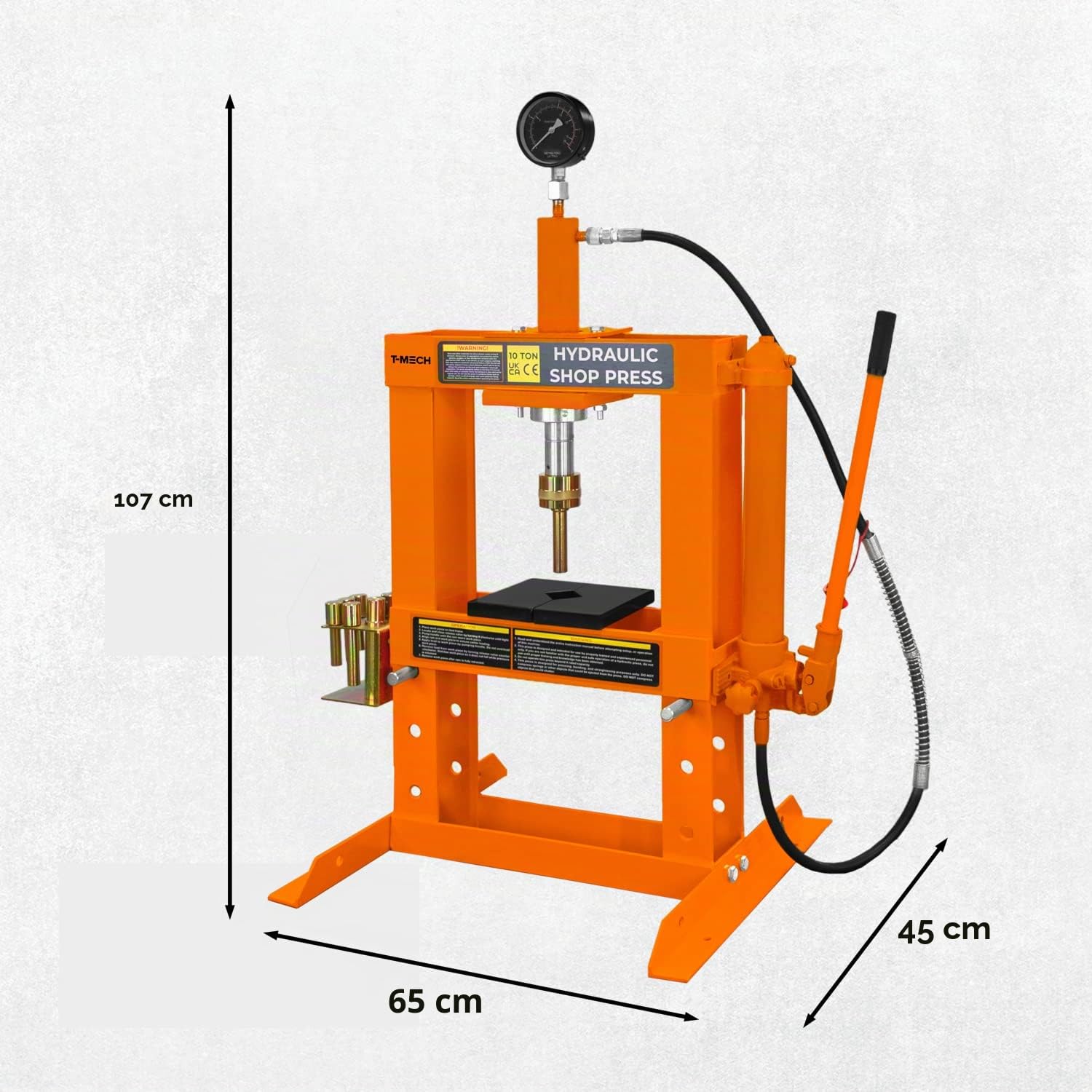 Pressa idraulica da officina 10 tonnellate da banco in acciaio Manometro staccabile Pompa a mano regolabile 180-335 mm Area di lavoro verticale Officina Garage gratuito 8 cilindri e 1 adattatore